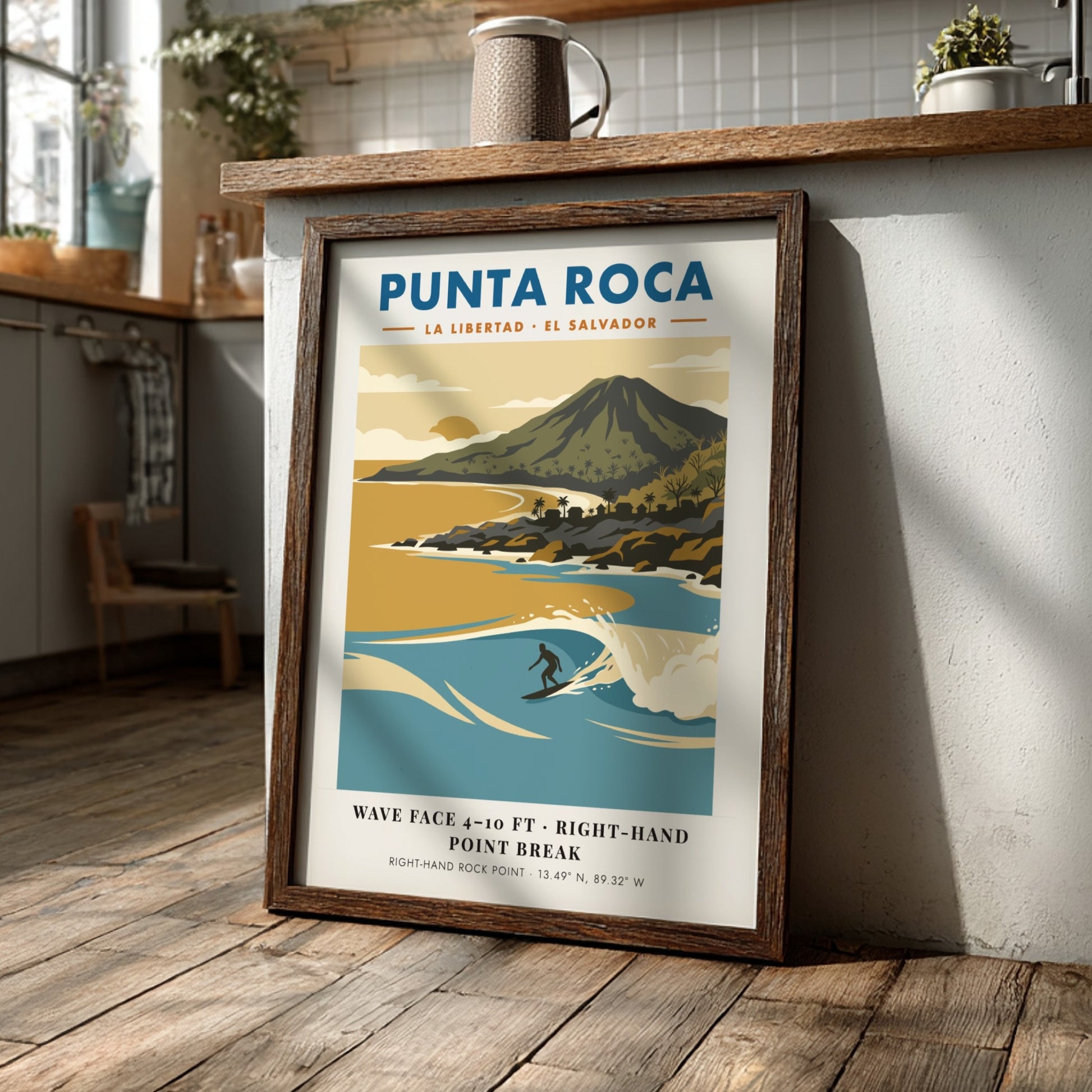Surf poster featuring Punta Roca in El Salvador with blue waves and mountains.