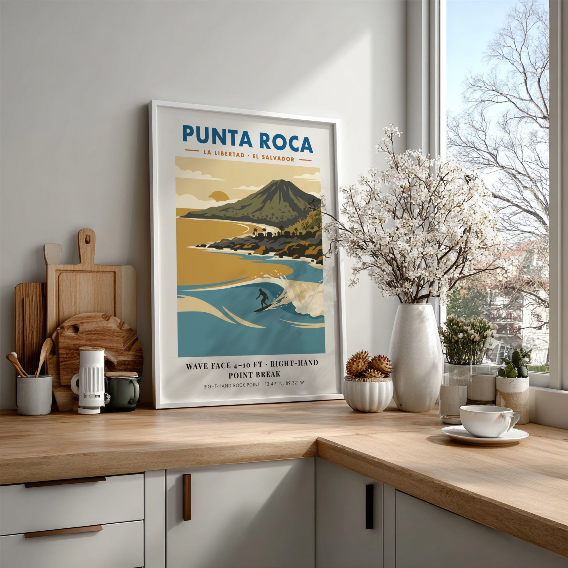 Surf poster featuring Punta Roca in El Salvador with blue waves and mountains.