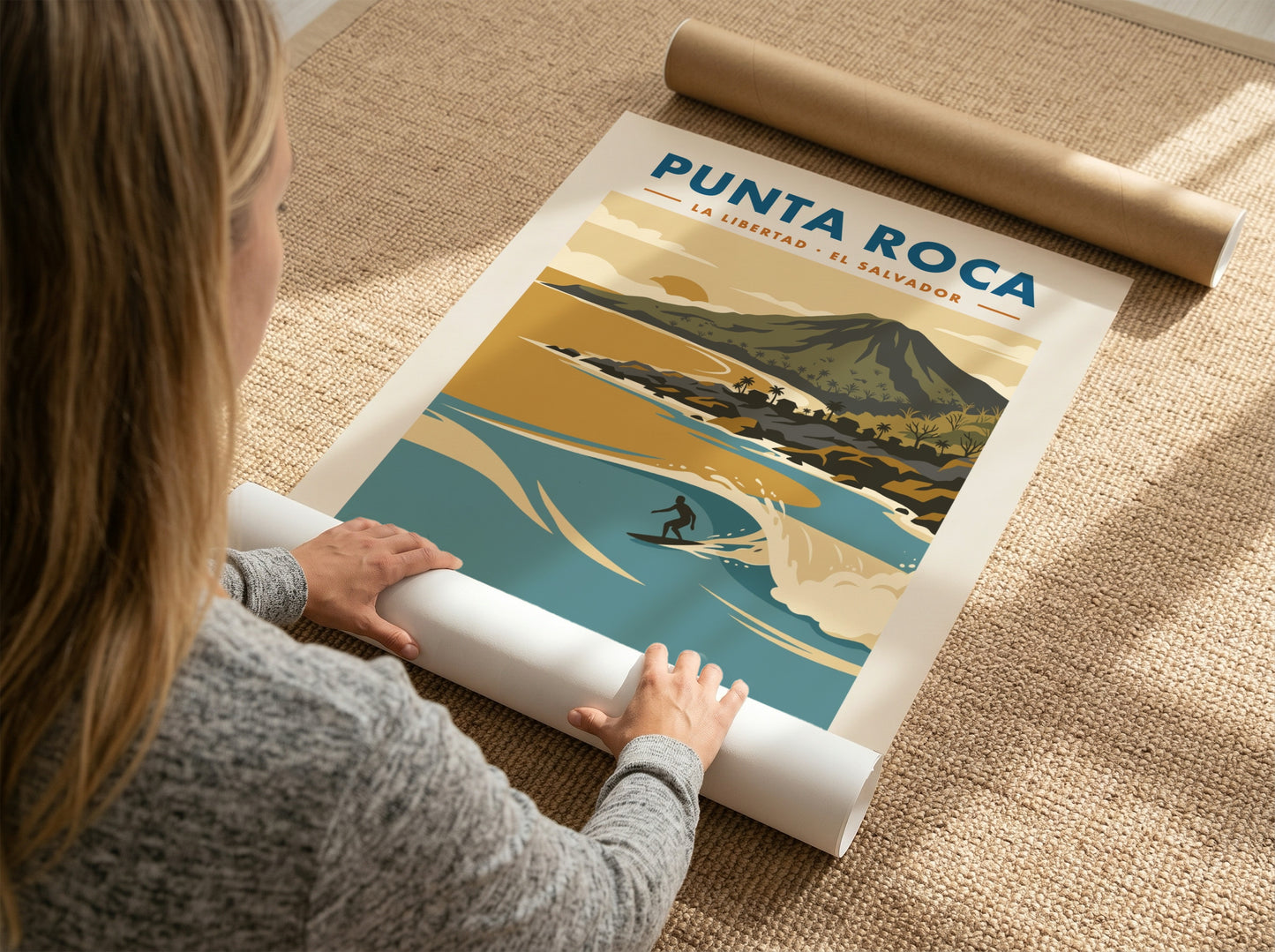 Surf poster featuring Punta Roca in El Salvador with blue waves and mountains.