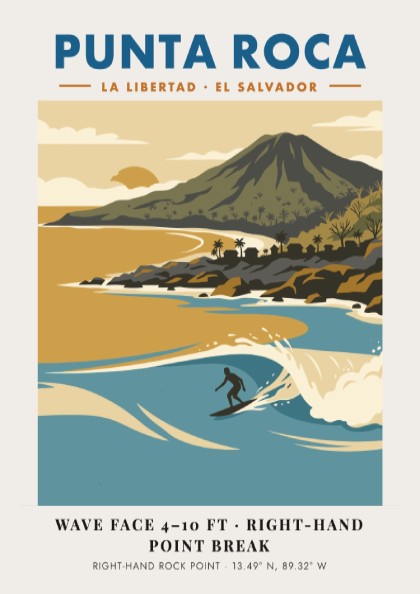 Surf poster featuring Punta Roca in El Salvador with blue waves and mountains.