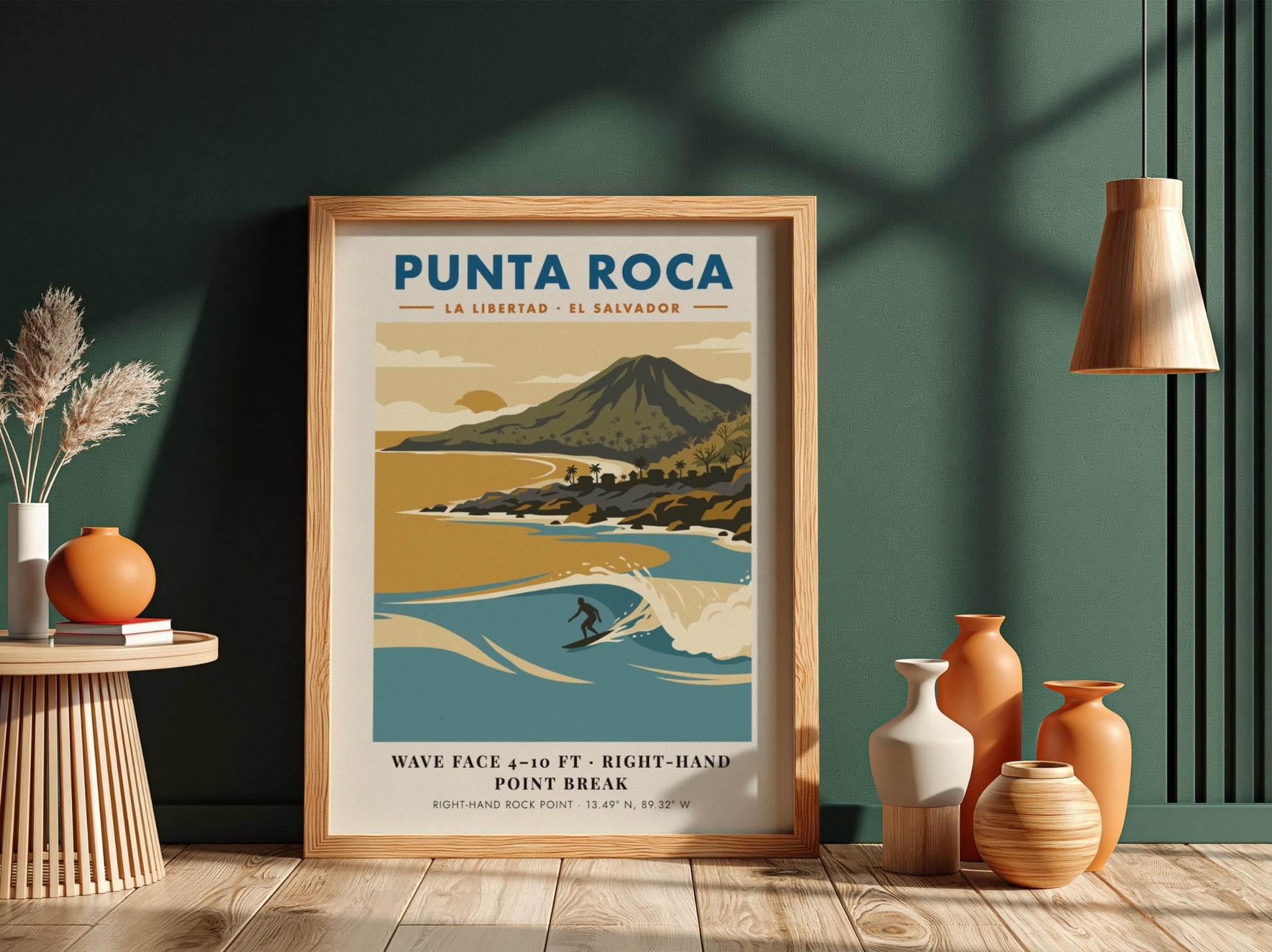 Surf poster featuring Punta Roca in El Salvador with blue waves and mountains.
