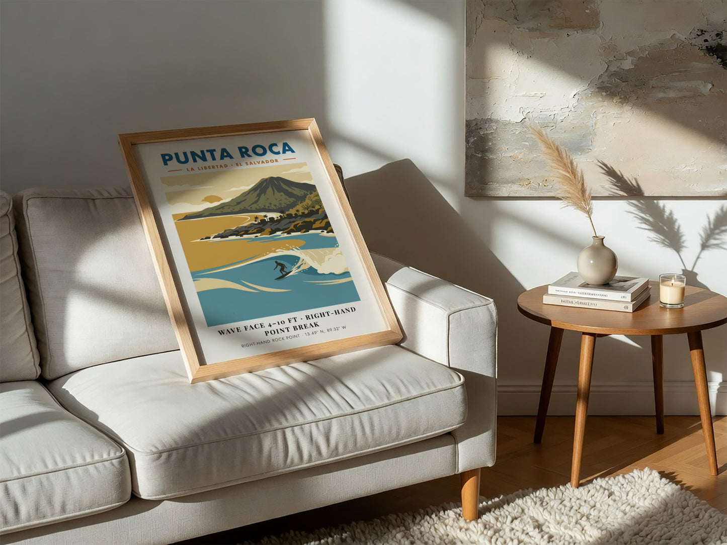 Surf poster featuring Punta Roca in El Salvador with blue waves and mountains.