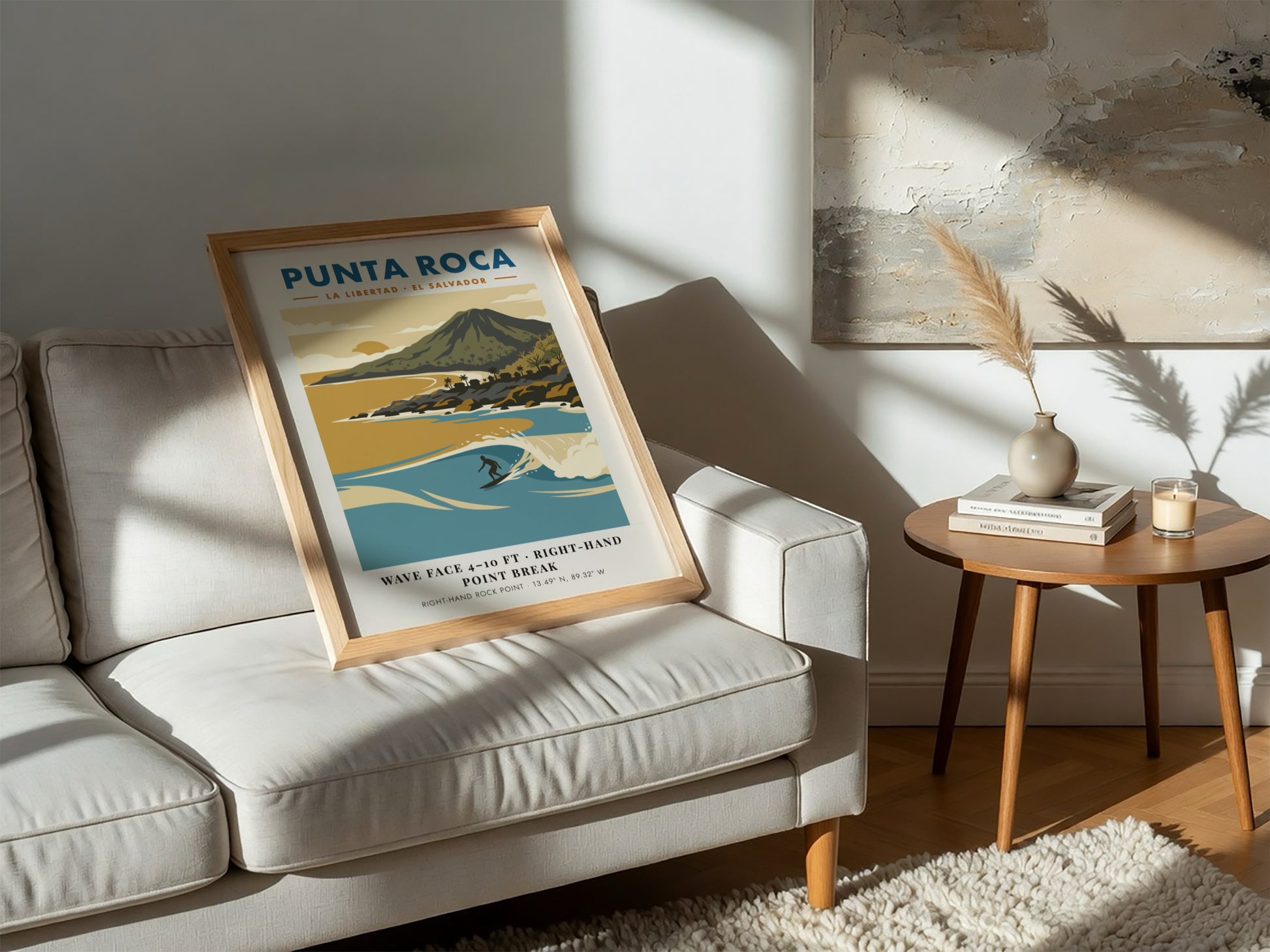Surf poster featuring Punta Roca in El Salvador with blue waves and mountains.
