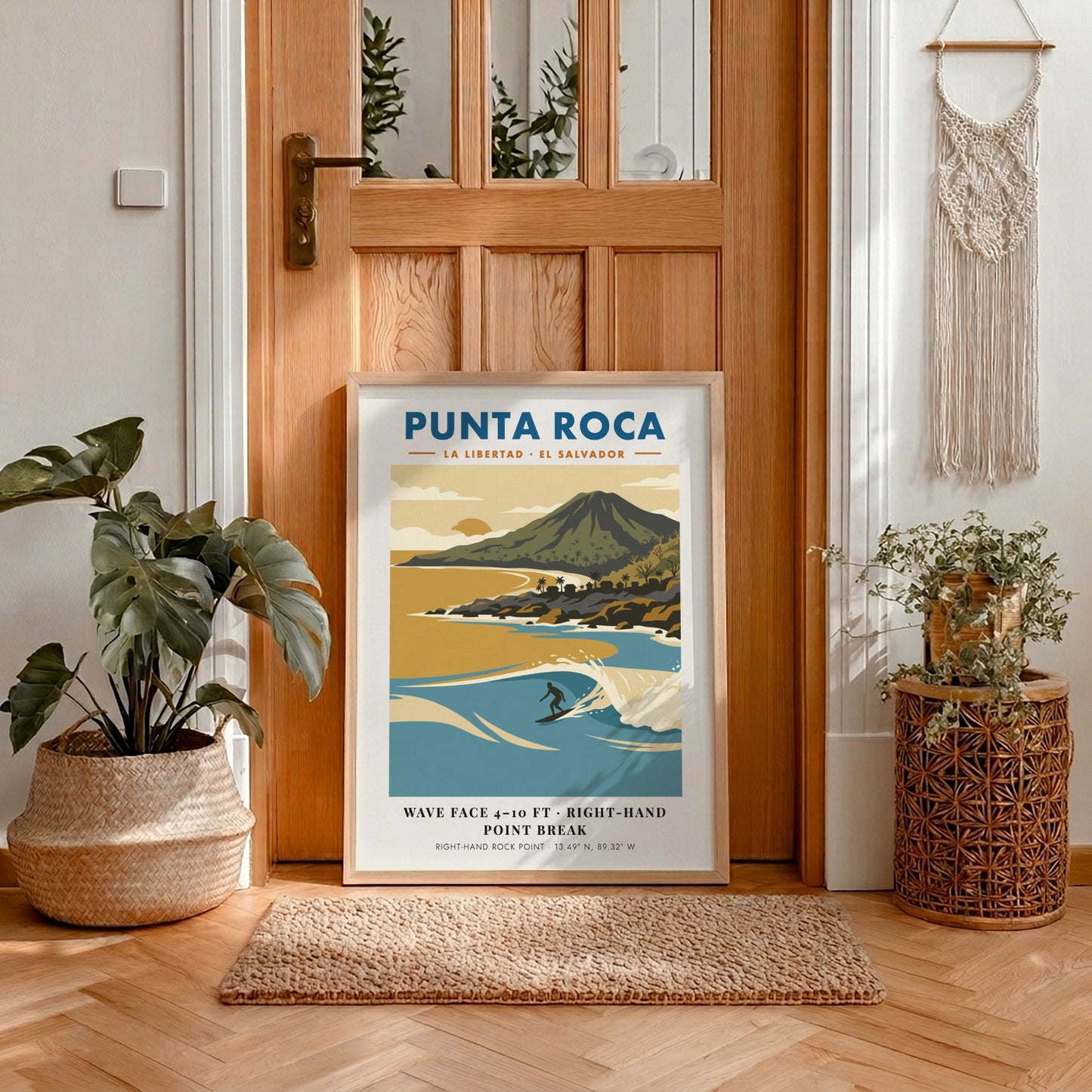 Surf poster featuring Punta Roca in El Salvador with blue waves and mountains.