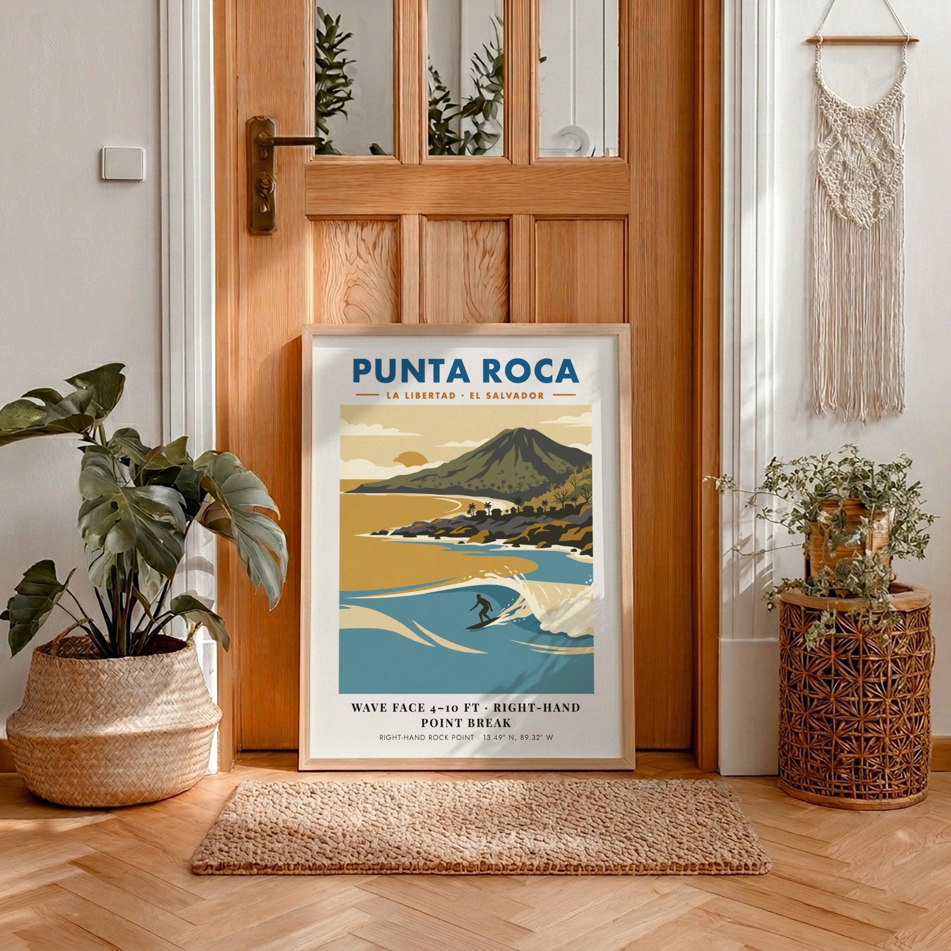 Surf poster featuring Punta Roca in El Salvador with blue waves and mountains.