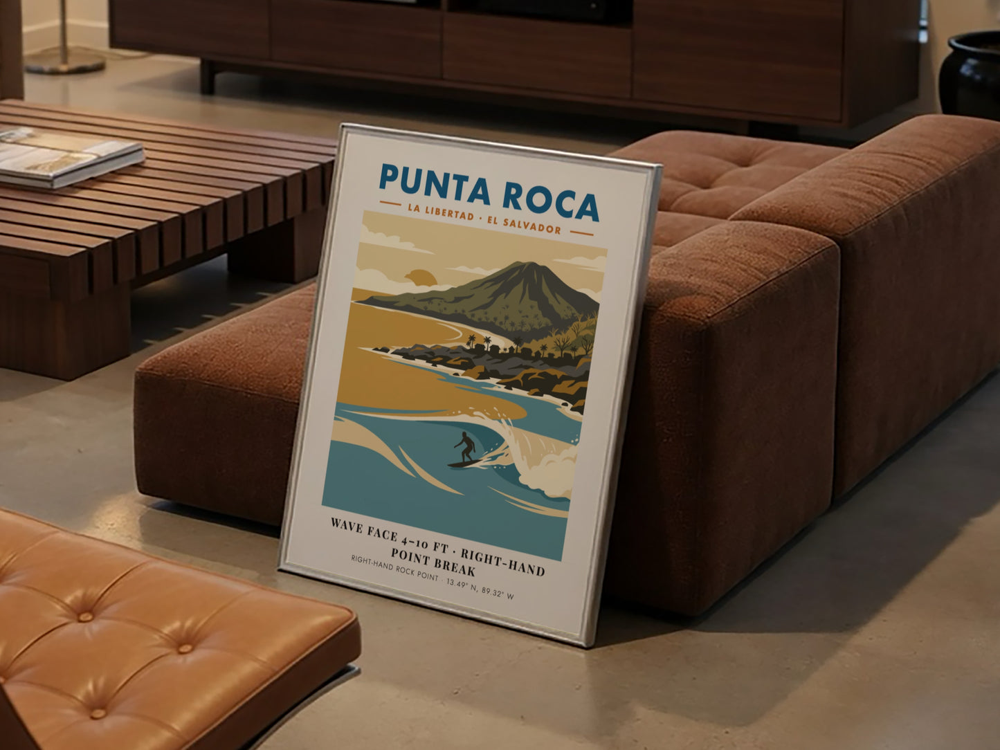 Surf poster featuring Punta Roca in El Salvador with blue waves and mountains.