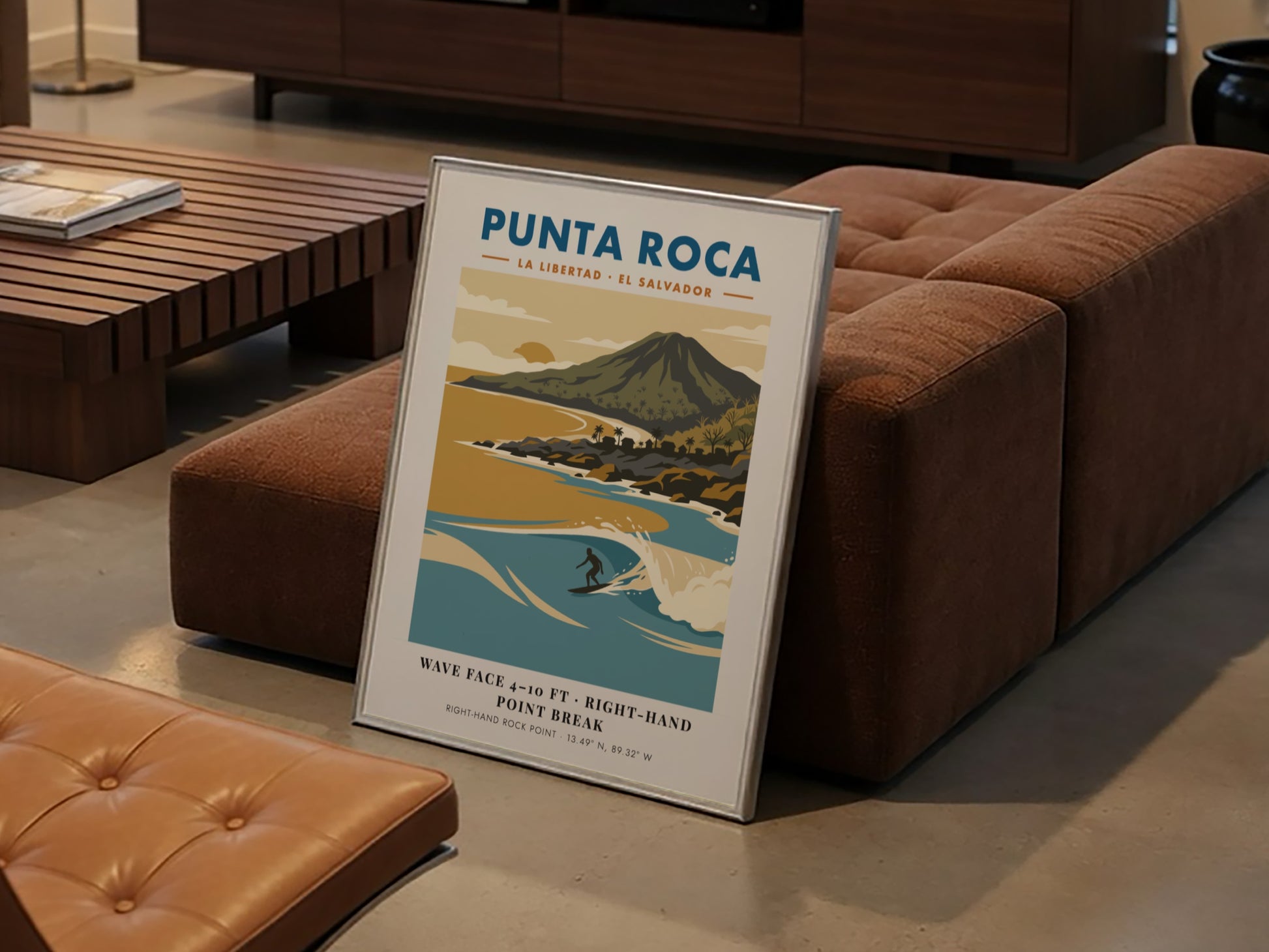 Surf poster featuring Punta Roca in El Salvador with blue waves and mountains.