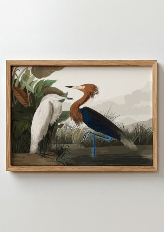 Purple Heron art poster featuring earthy tones and nature theme, perfect for wall decor