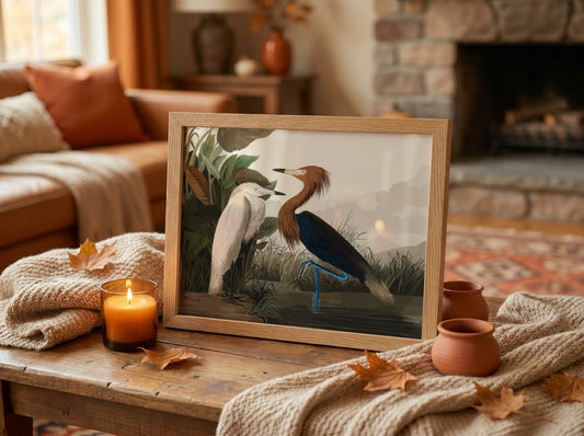 Purple Heron art poster featuring earthy tones and nature theme, perfect for wall decor