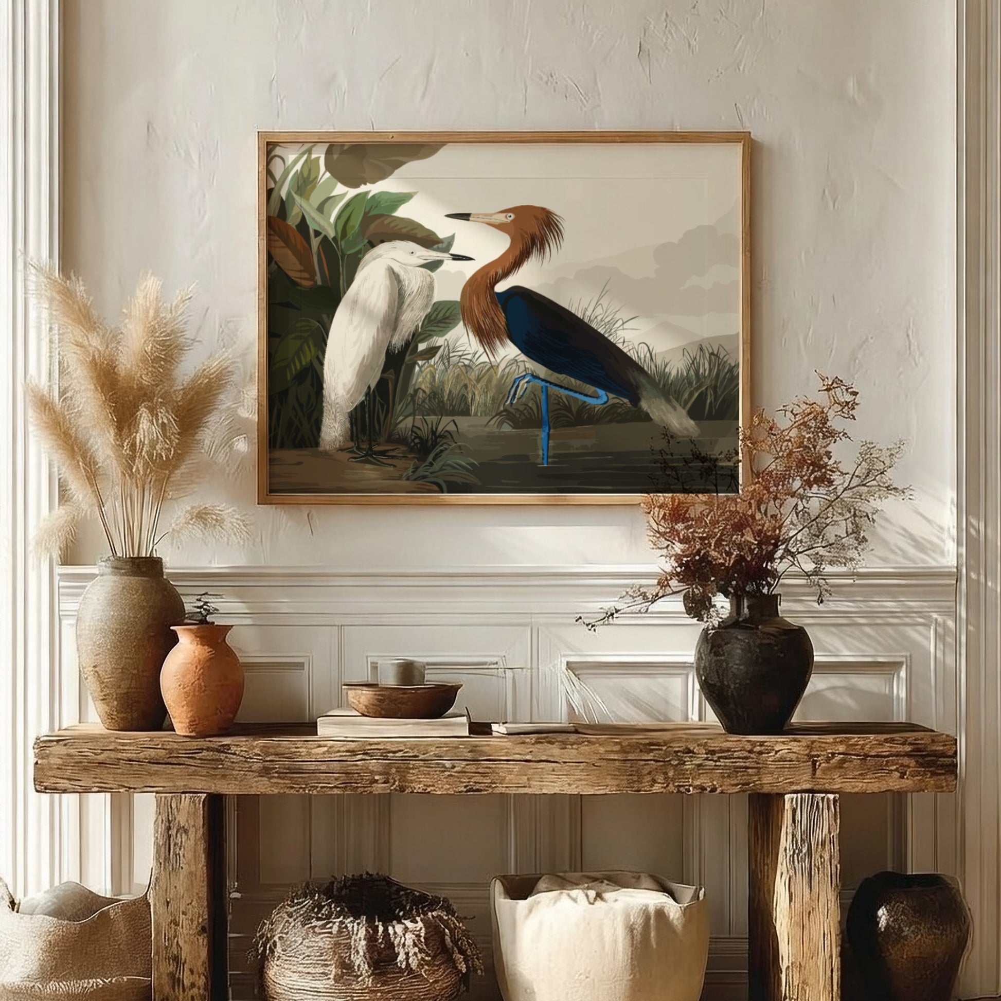 Purple Heron art poster featuring earthy tones and nature theme, perfect for wall decor