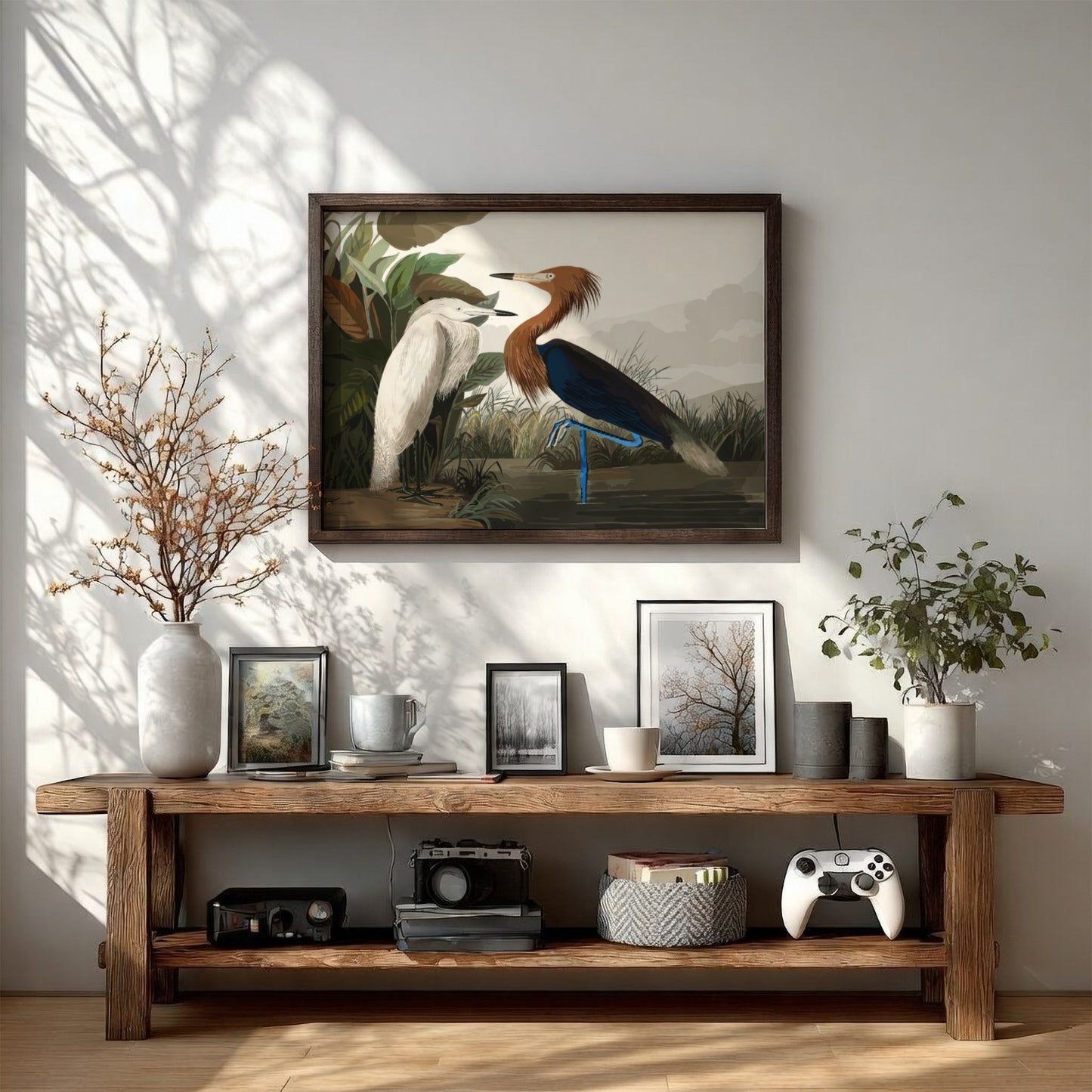 Purple Heron art poster featuring earthy tones and nature theme, perfect for wall decor