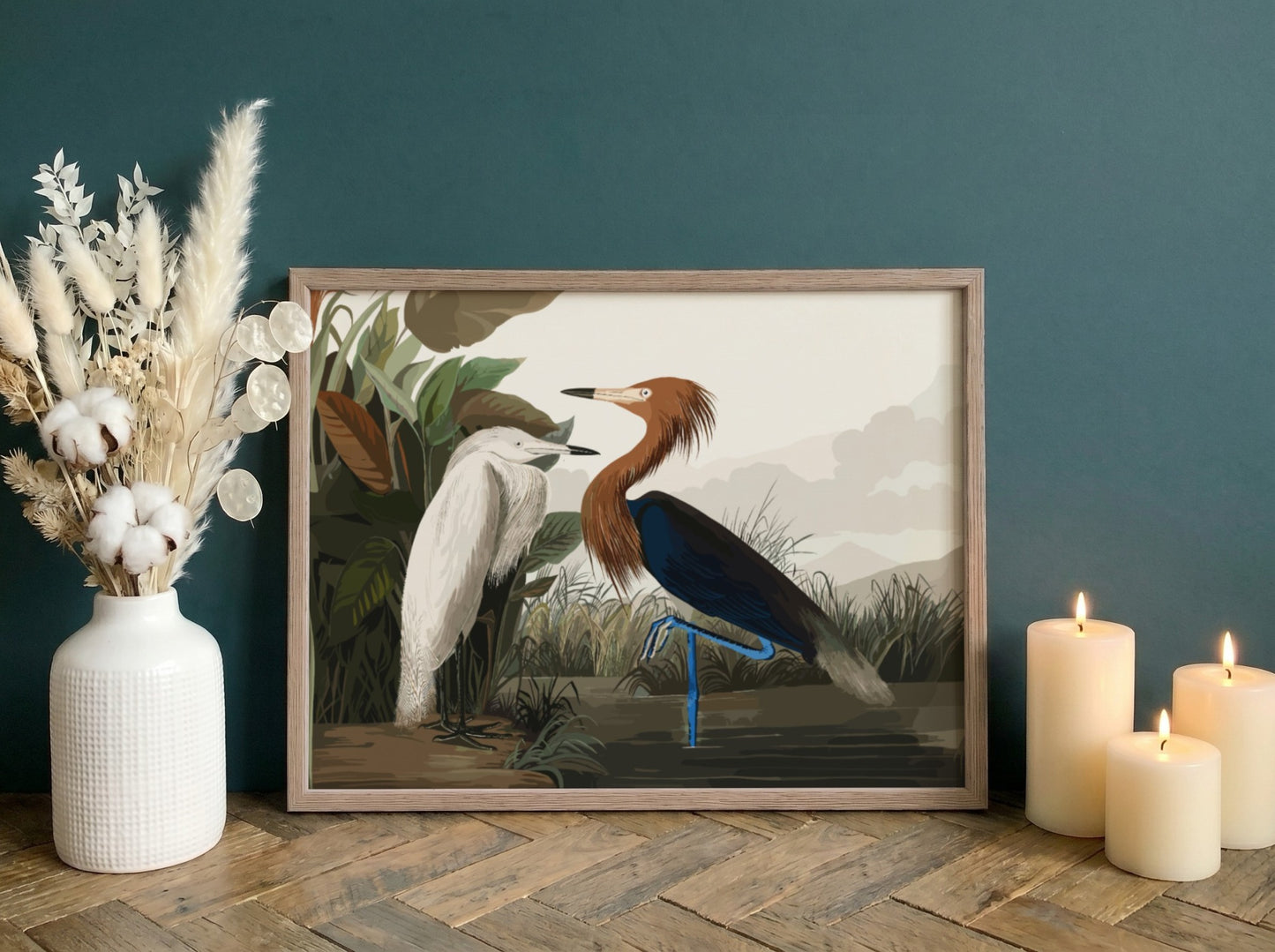 Purple Heron art poster featuring earthy tones and nature theme, perfect for wall decor