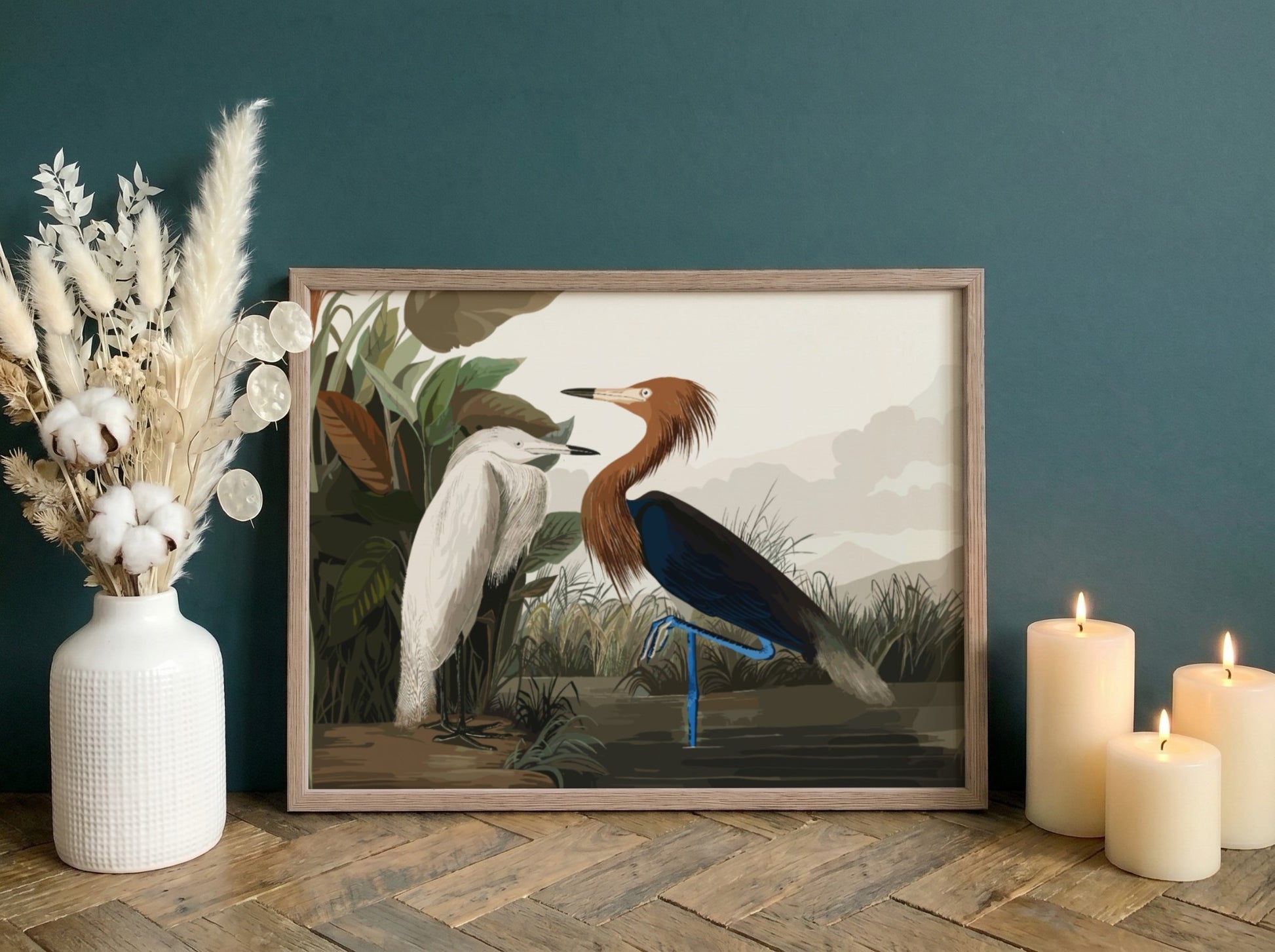 Purple Heron art poster featuring earthy tones and nature theme, perfect for wall decor