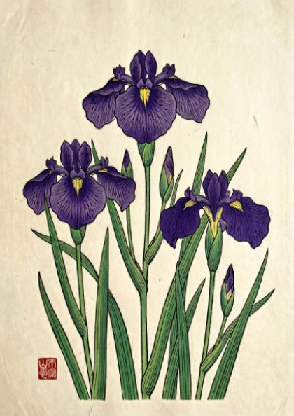 Japanese art style poster featuring purple irises and green leaves