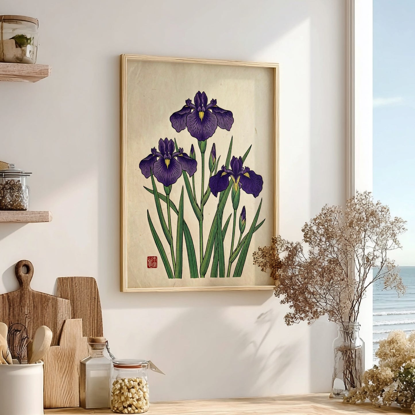 Japanese art style poster featuring purple irises and green leaves