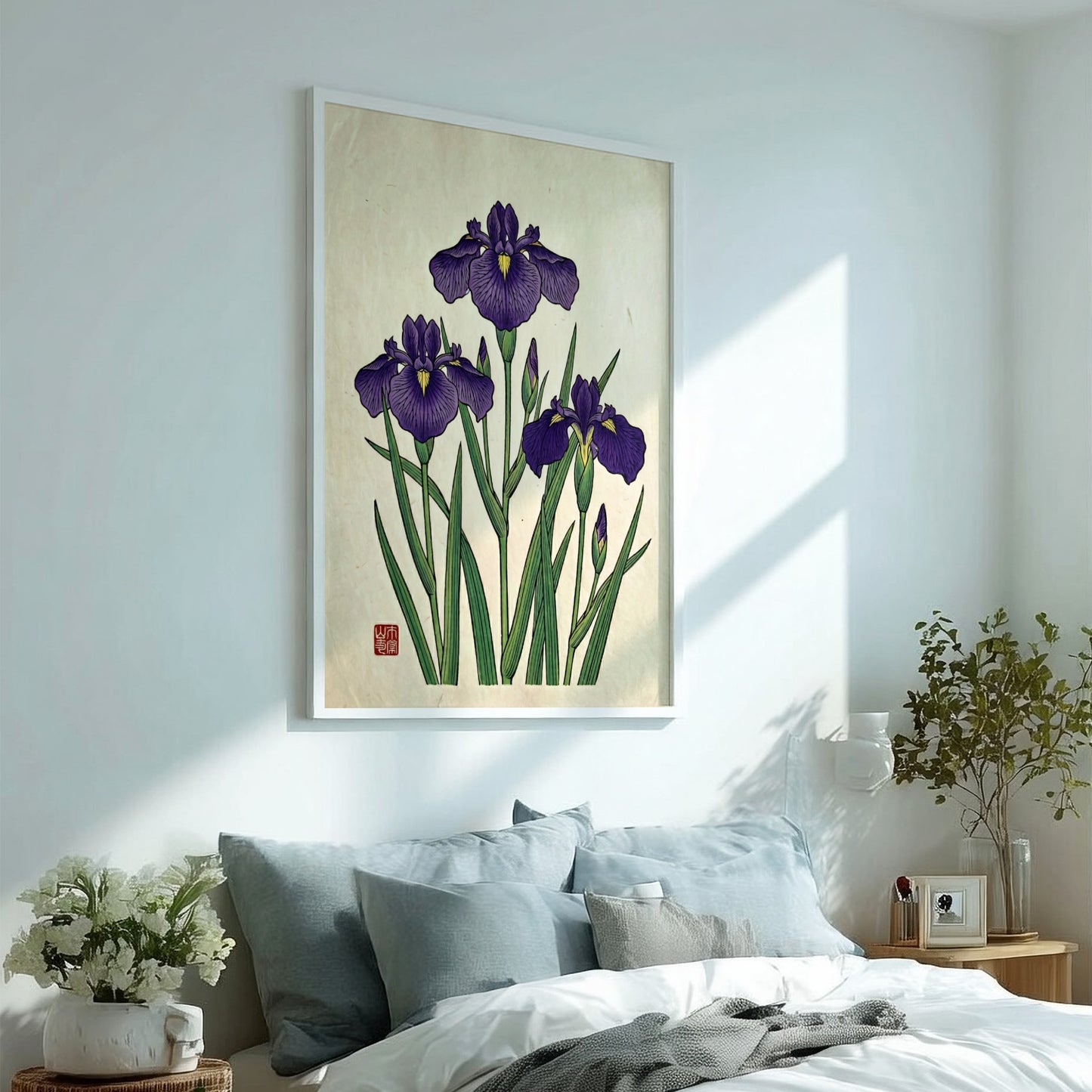 Japanese art style poster featuring purple irises and green leaves
