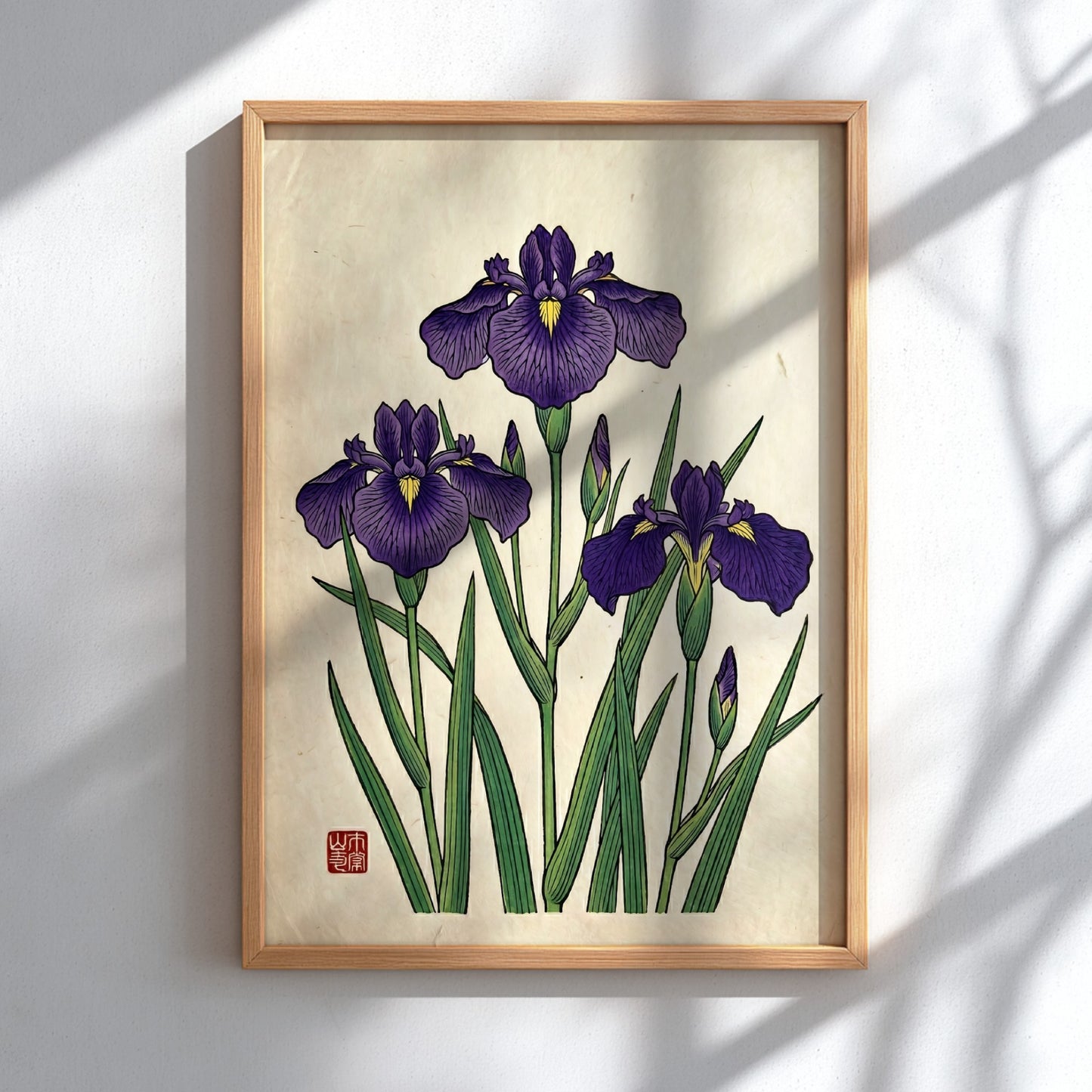 Japanese art style poster featuring purple irises and green leaves