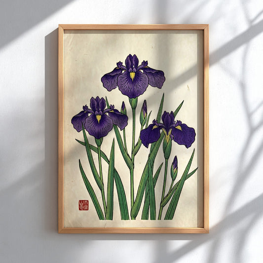 Japanese art style poster featuring purple irises and green leaves