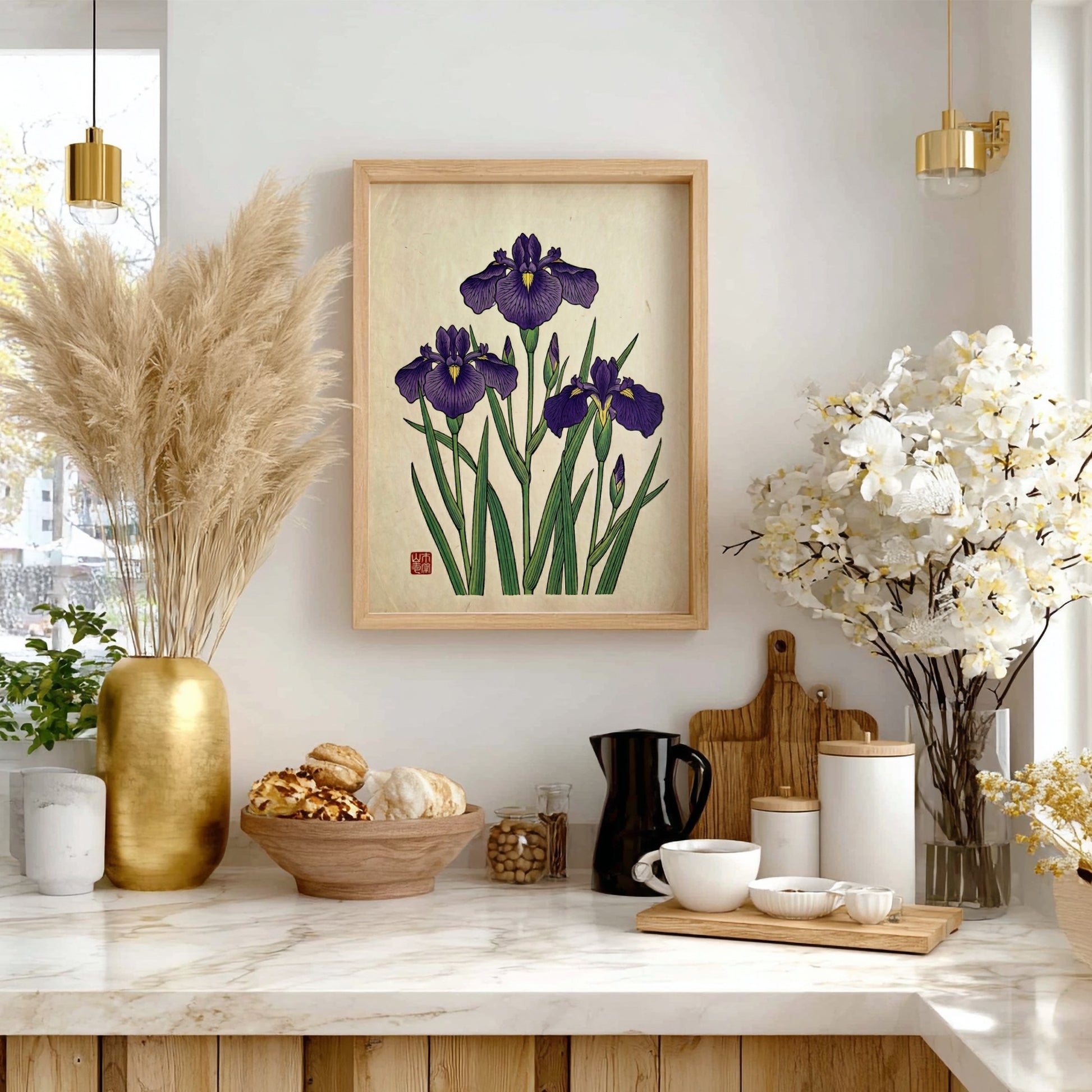Japanese art style poster featuring purple irises and green leaves