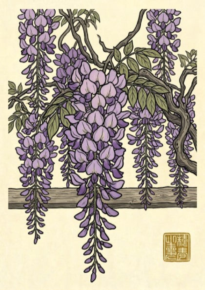 Purple wisteria poster featuring delicate lavender blossoms in Japanese art style