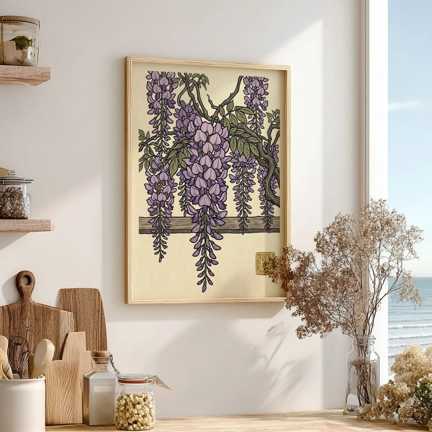 Purple wisteria poster featuring delicate lavender blossoms in Japanese art style