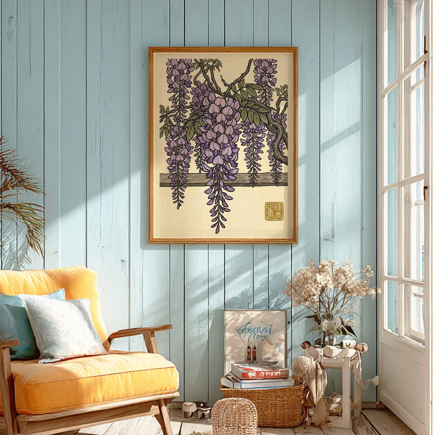 Purple wisteria poster featuring delicate lavender blossoms in Japanese art style