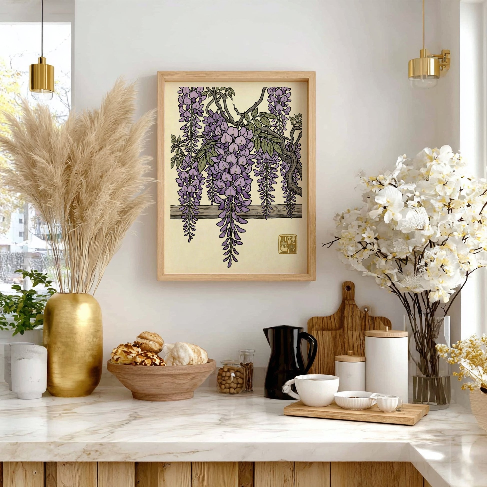 Purple wisteria poster featuring delicate lavender blossoms in Japanese art style