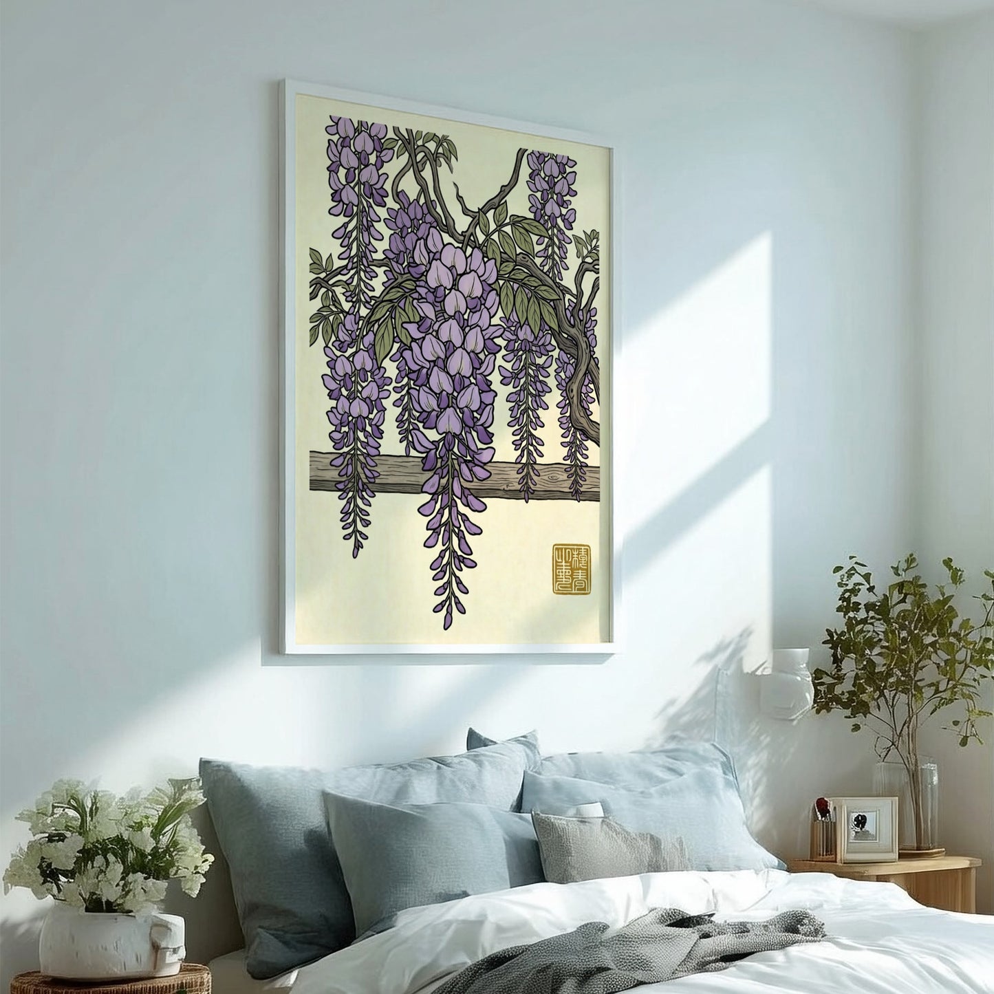 Purple wisteria poster featuring delicate lavender blossoms in Japanese art style