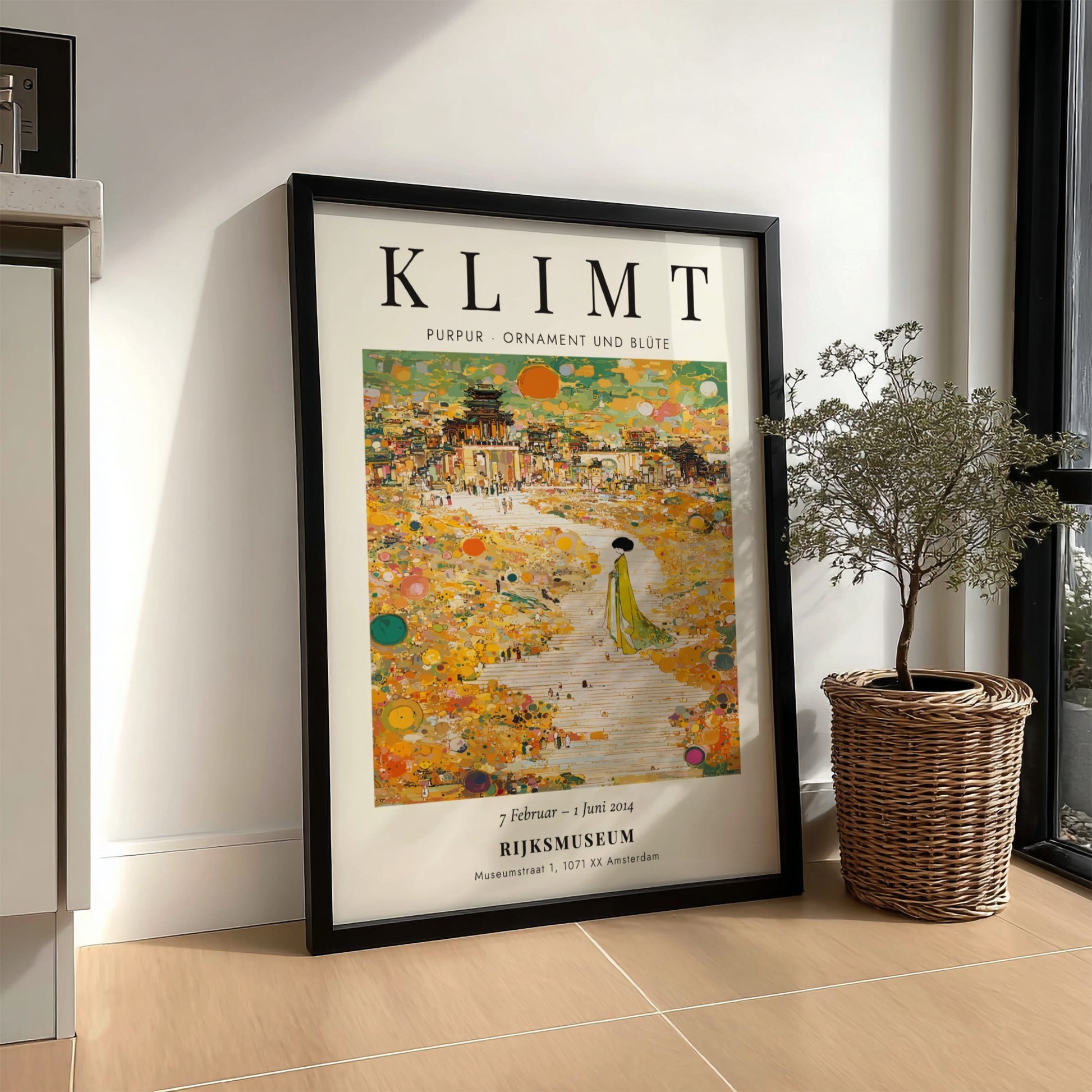 Poster inspired by Gustav Klimt featuring vibrant colors and intricate floral motifs
