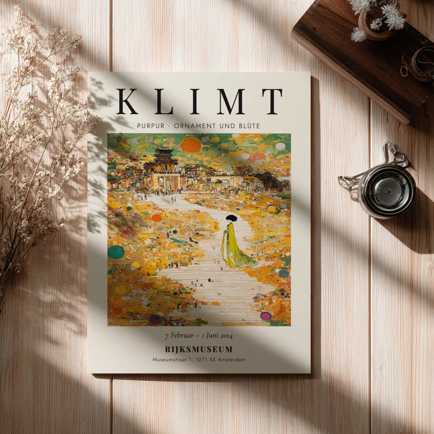 Poster inspired by Gustav Klimt featuring vibrant colors and intricate floral motifs