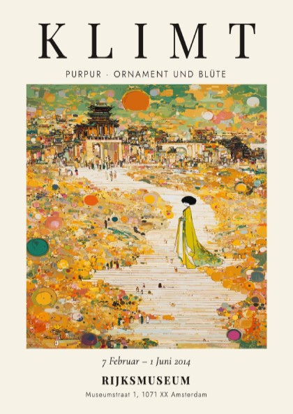 Poster inspired by Gustav Klimt featuring vibrant colors and intricate floral motifs