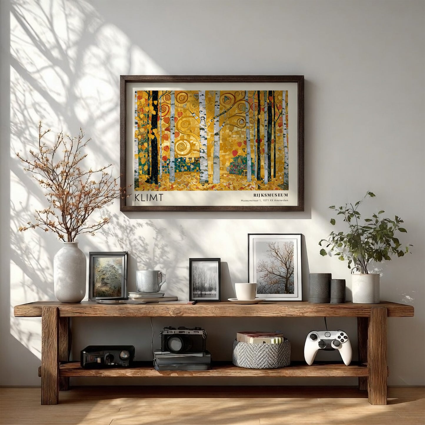 Wall art print featuring Klimt's Purpur with golden birch trees and vibrant colors