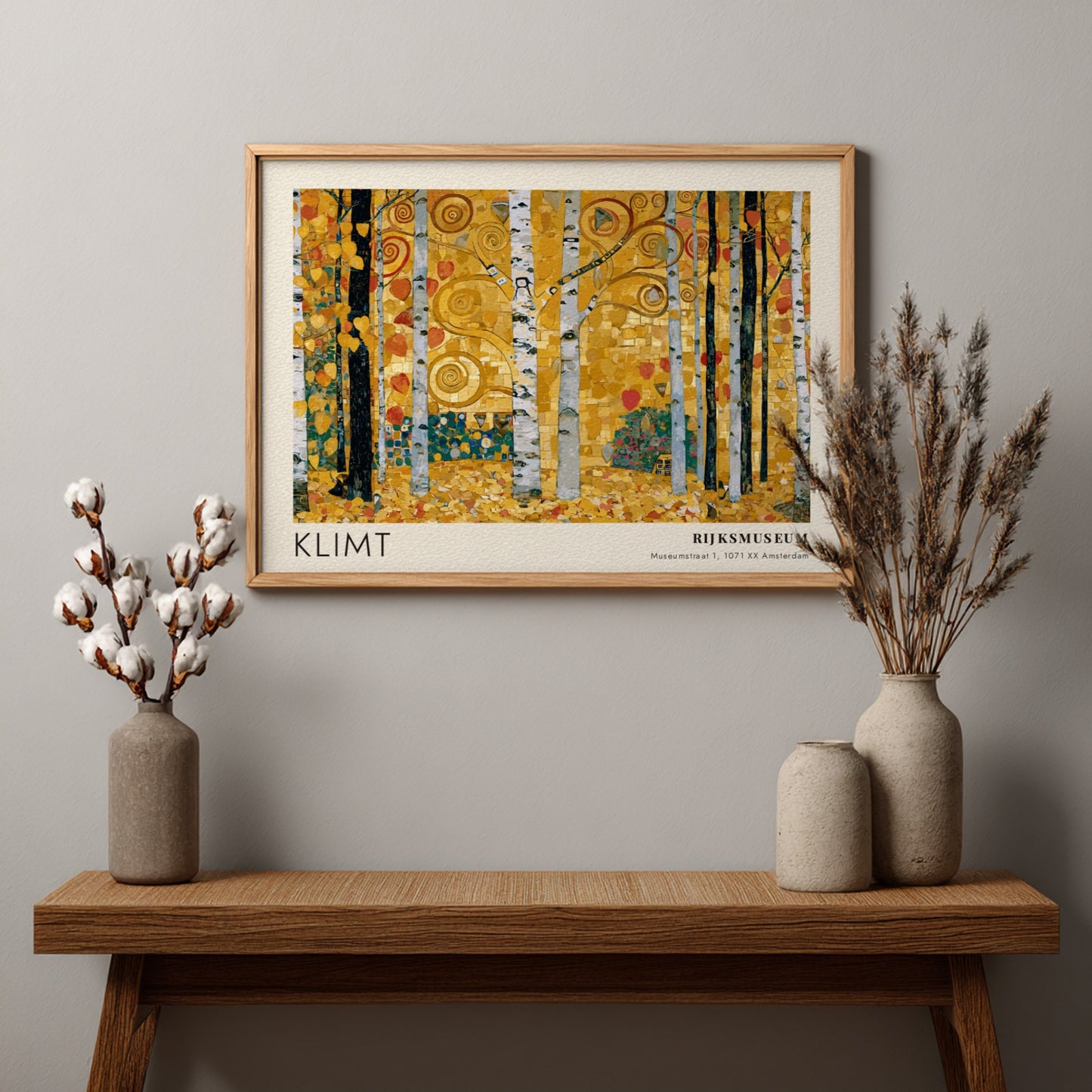 Wall art print featuring Klimt's Purpur with golden birch trees and vibrant colors