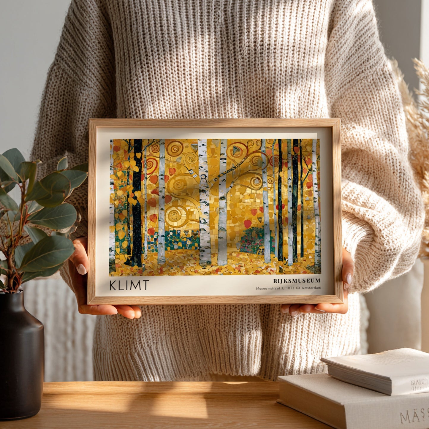 Wall art print featuring Klimt's Purpur with golden birch trees and vibrant colors