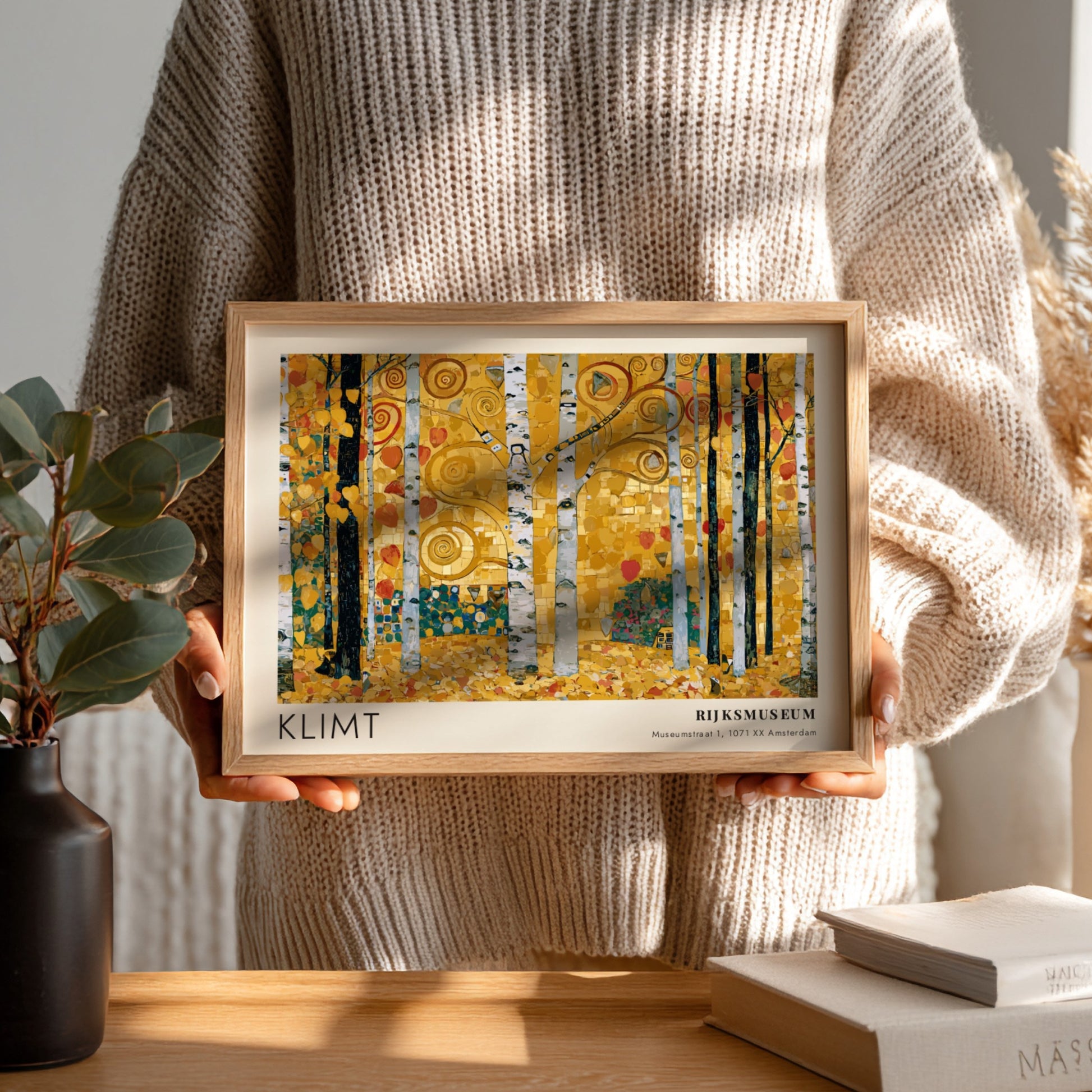 Wall art print featuring Klimt's Purpur with golden birch trees and vibrant colors