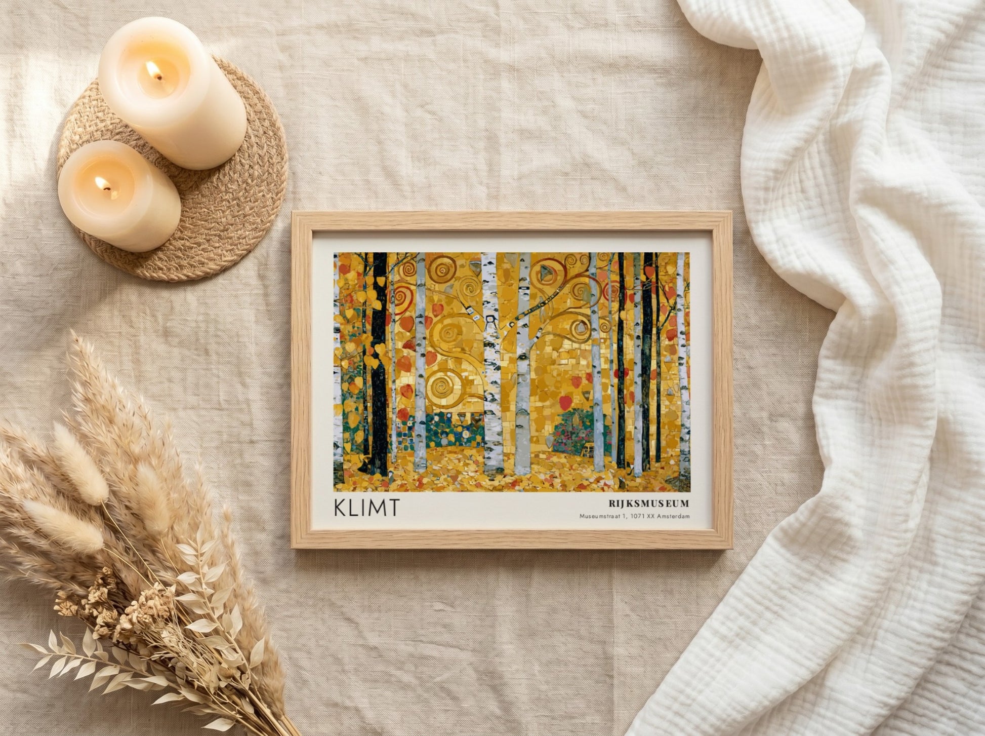 Wall art print featuring Klimt's Purpur with golden birch trees and vibrant colors
