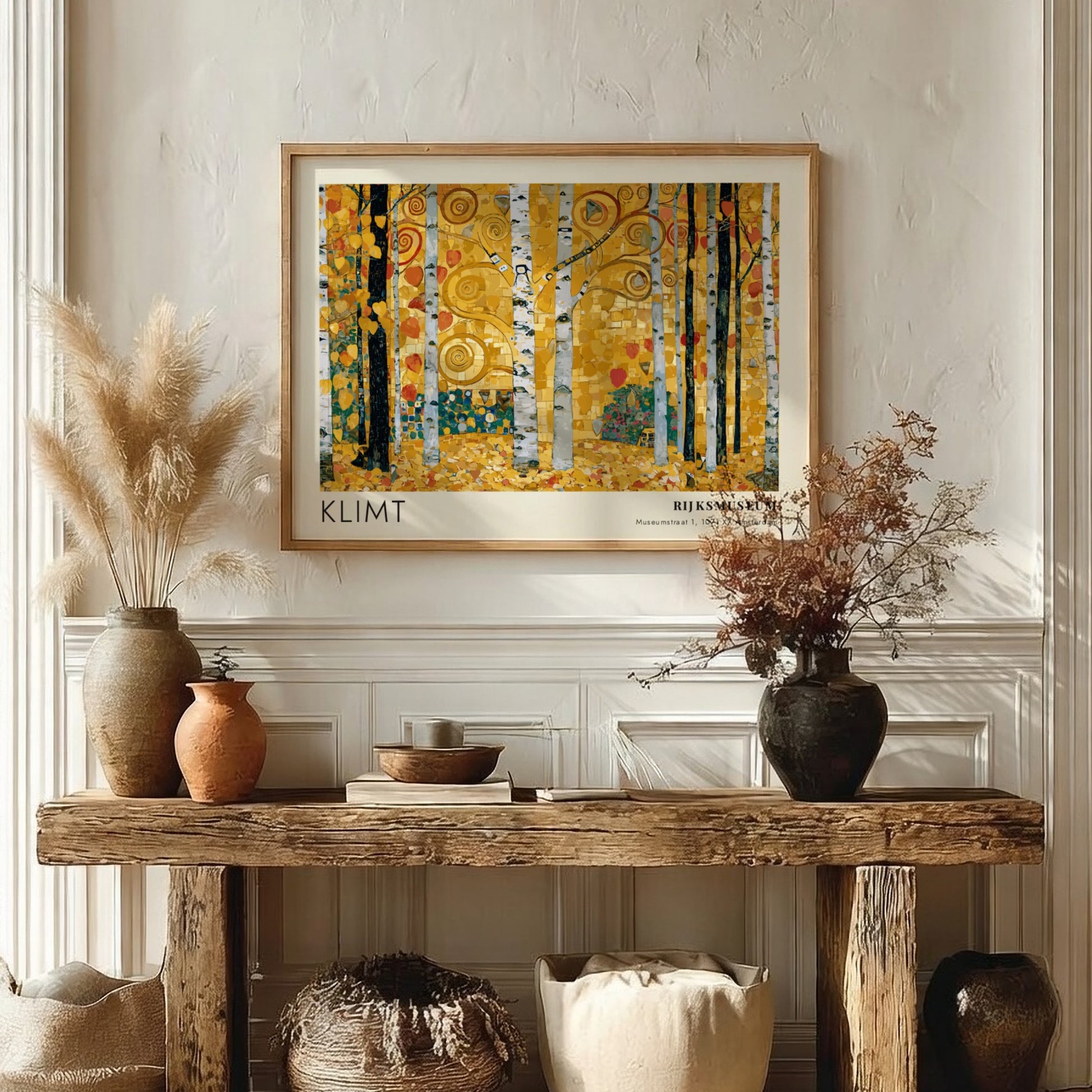 Wall art print featuring Klimt's Purpur with golden birch trees and vibrant colors
