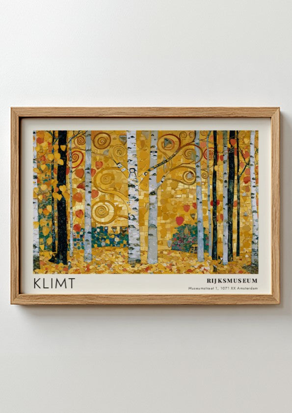 Wall art print featuring Klimt's Purpur with golden birch trees and vibrant colors