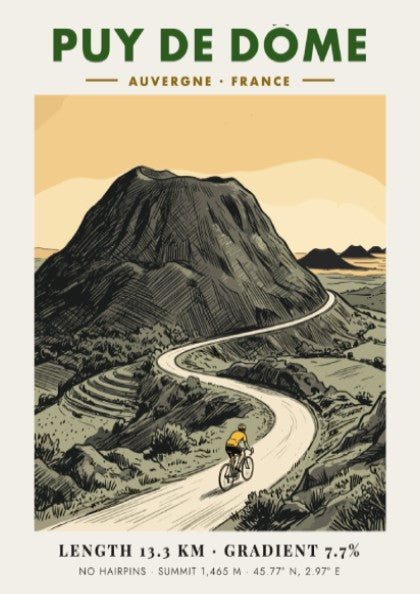 Cycling poster showing a rider climbing the Puy De Dome volcano in France