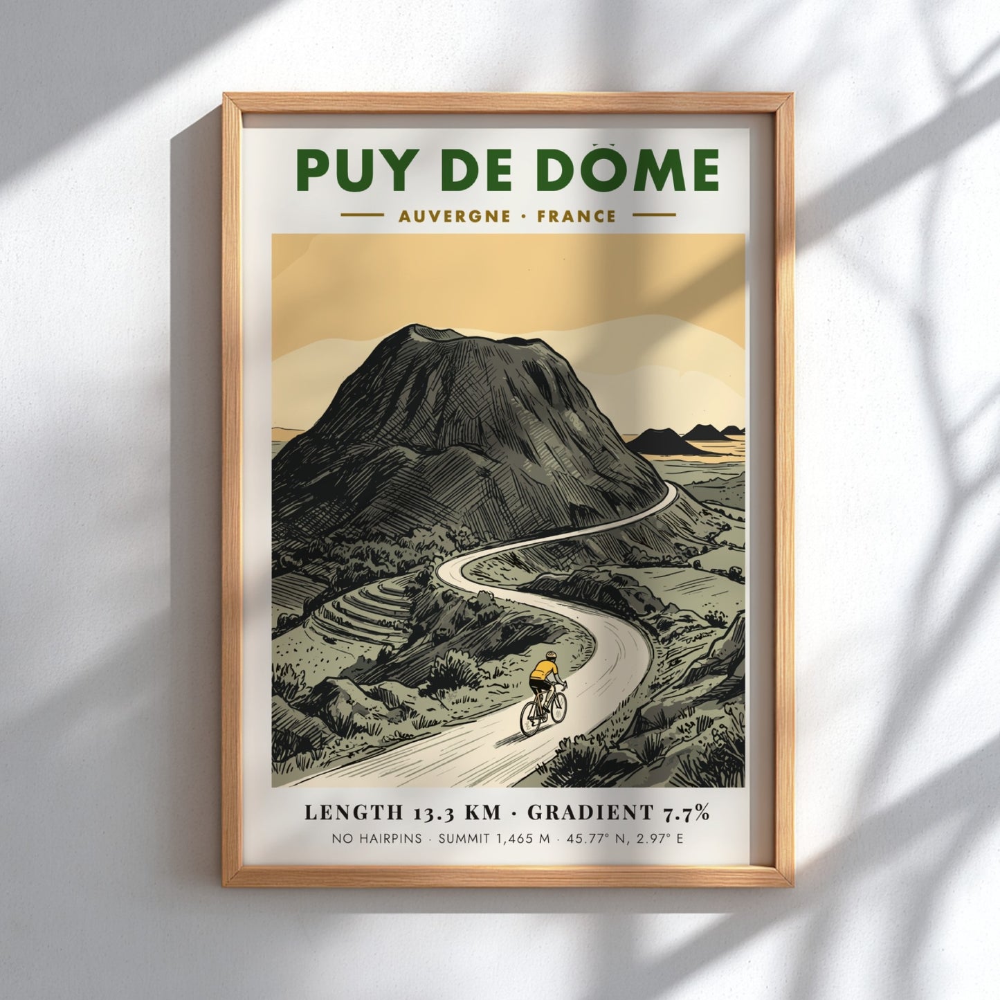 Cycling poster showing a rider climbing the Puy De Dome volcano in France