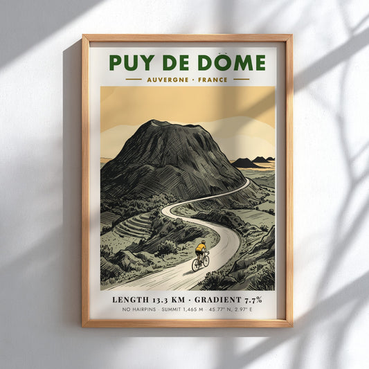 Cycling poster showing a rider climbing the Puy De Dome volcano in France