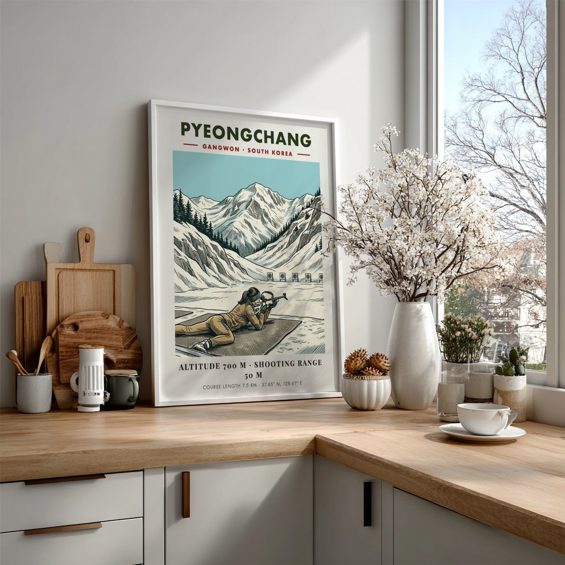 Poster featuring a biathlon athlete aiming a rifle in the snowy Pyeongchang mountains.