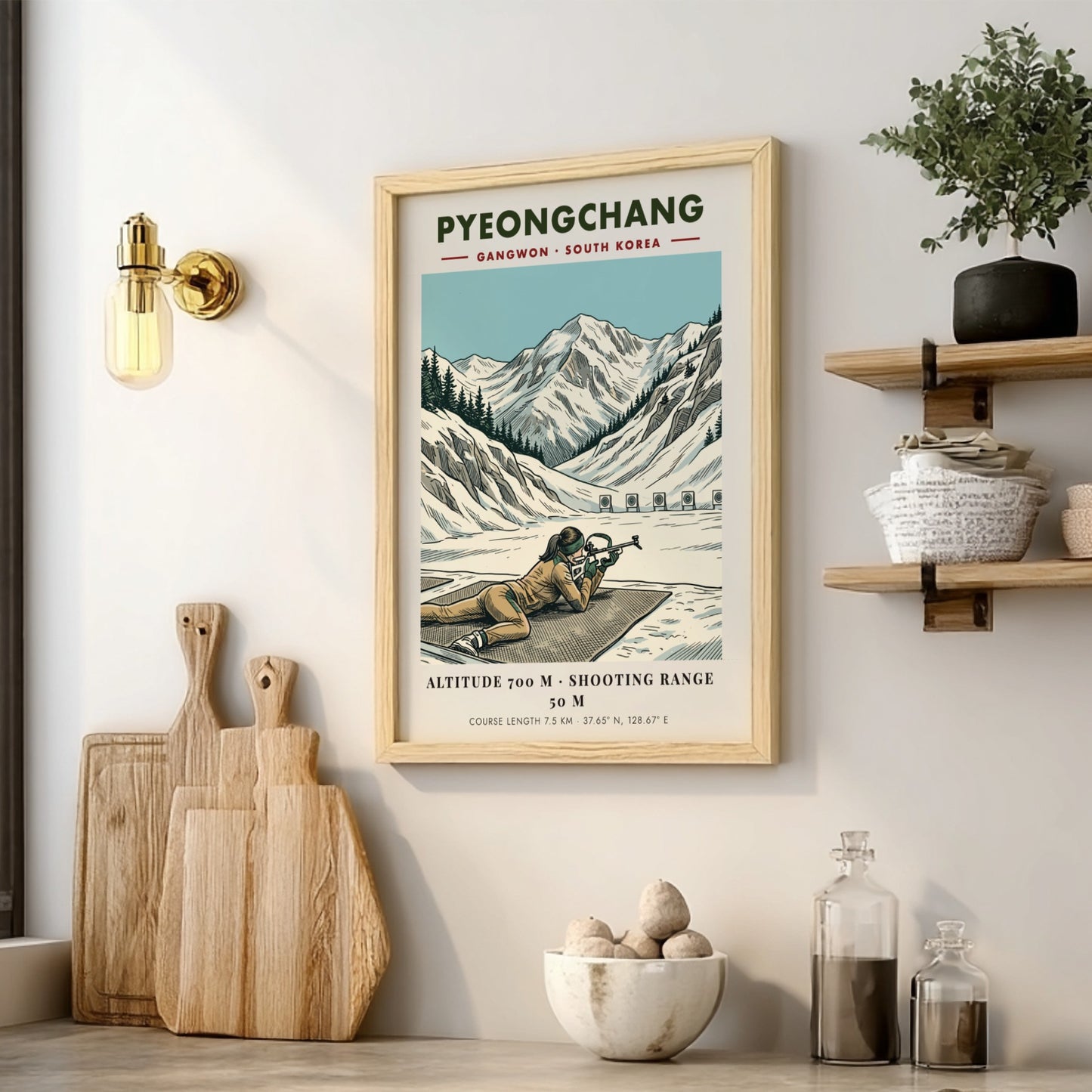 Poster featuring a biathlon athlete aiming a rifle in the snowy Pyeongchang mountains.