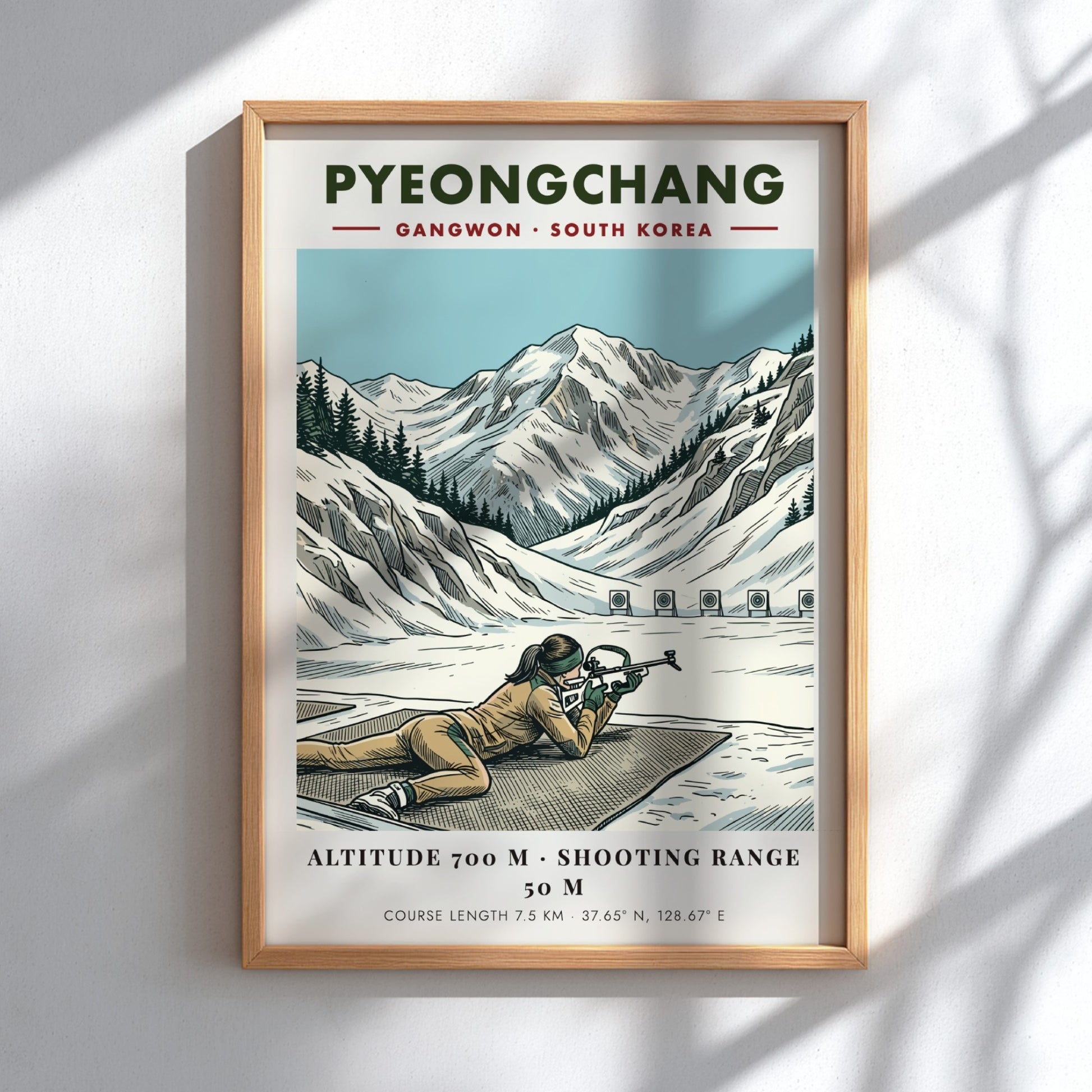 Poster featuring a biathlon athlete aiming a rifle in the snowy Pyeongchang mountains.