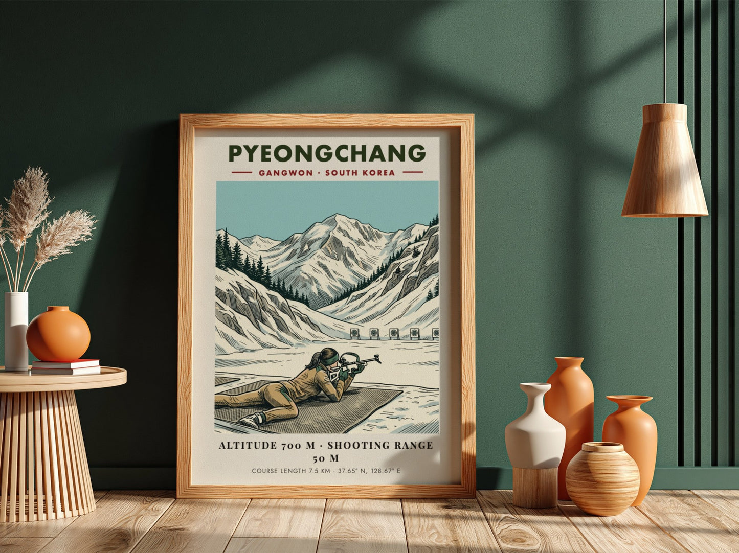 Poster featuring a biathlon athlete aiming a rifle in the snowy Pyeongchang mountains.