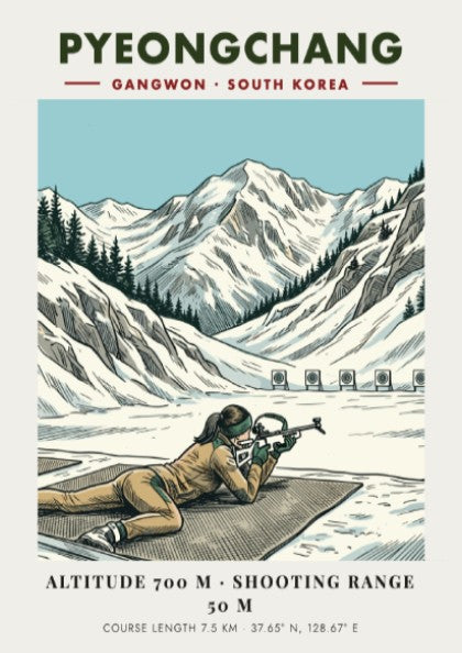 Poster featuring a biathlon athlete aiming a rifle in the snowy Pyeongchang mountains.