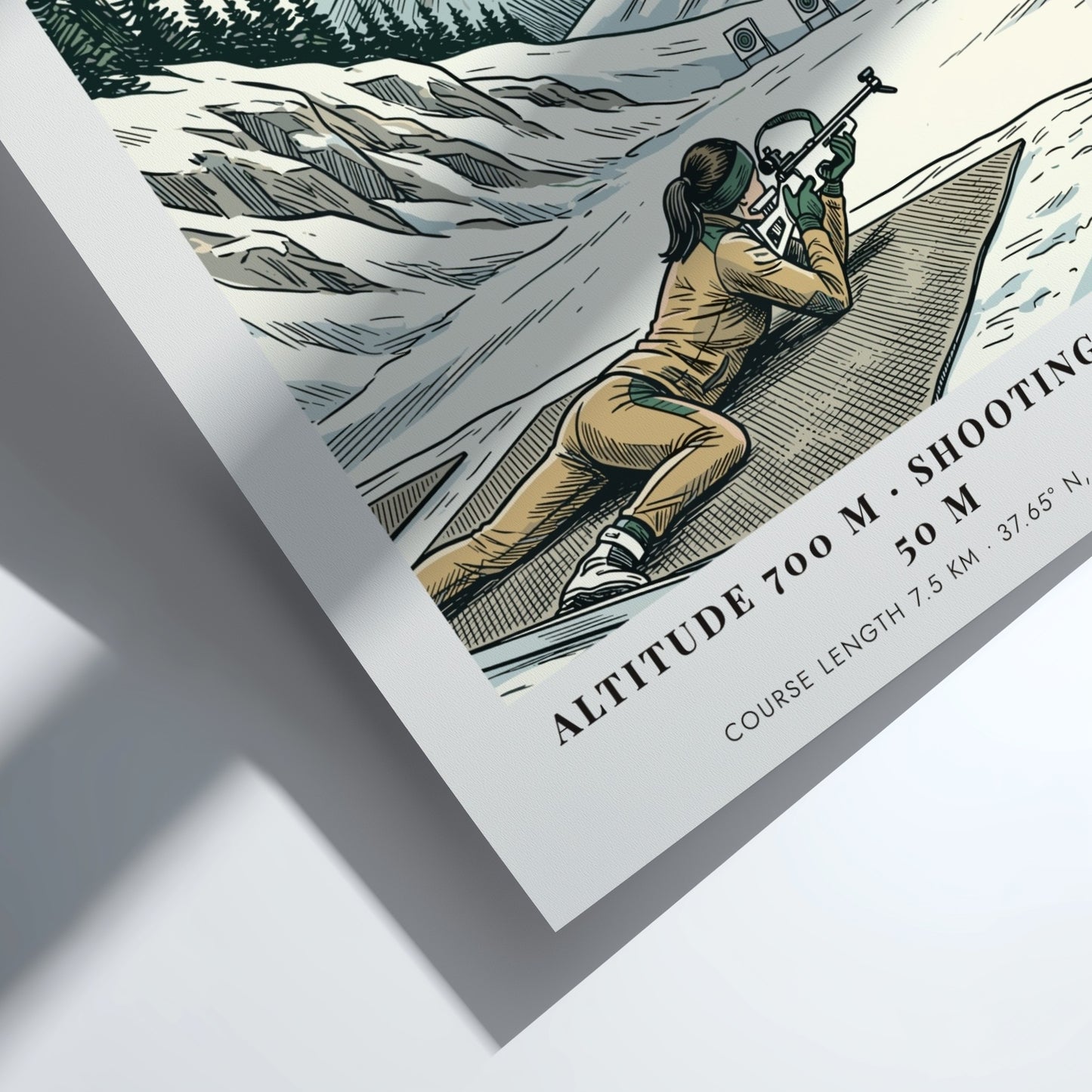 Poster featuring a biathlon athlete aiming a rifle in the snowy Pyeongchang mountains.