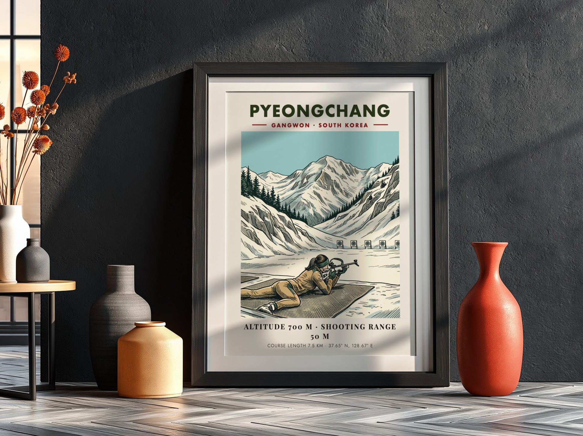 Poster featuring a biathlon athlete aiming a rifle in the snowy Pyeongchang mountains.