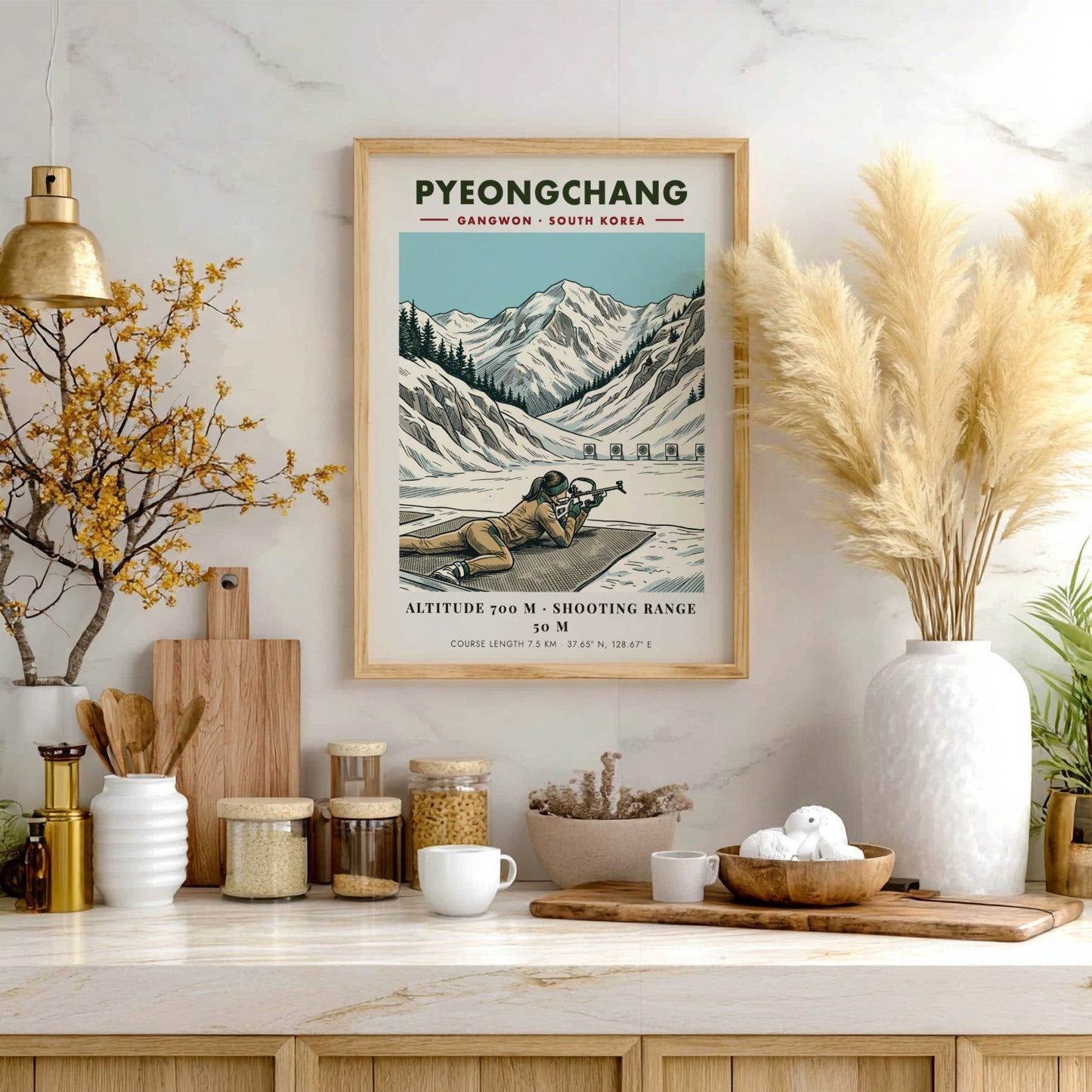 Poster featuring a biathlon athlete aiming a rifle in the snowy Pyeongchang mountains.