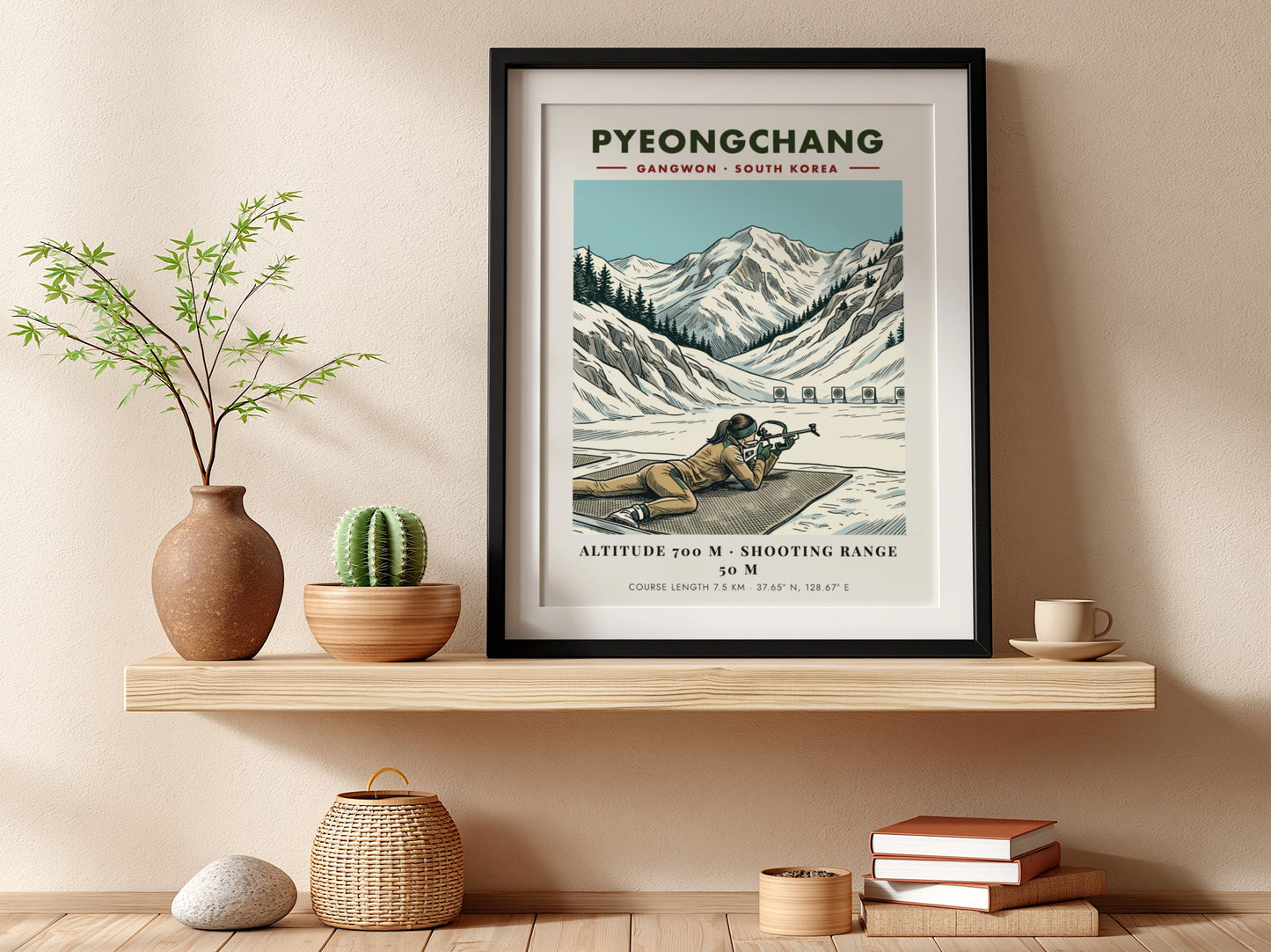 Poster featuring a biathlon athlete aiming a rifle in the snowy Pyeongchang mountains.